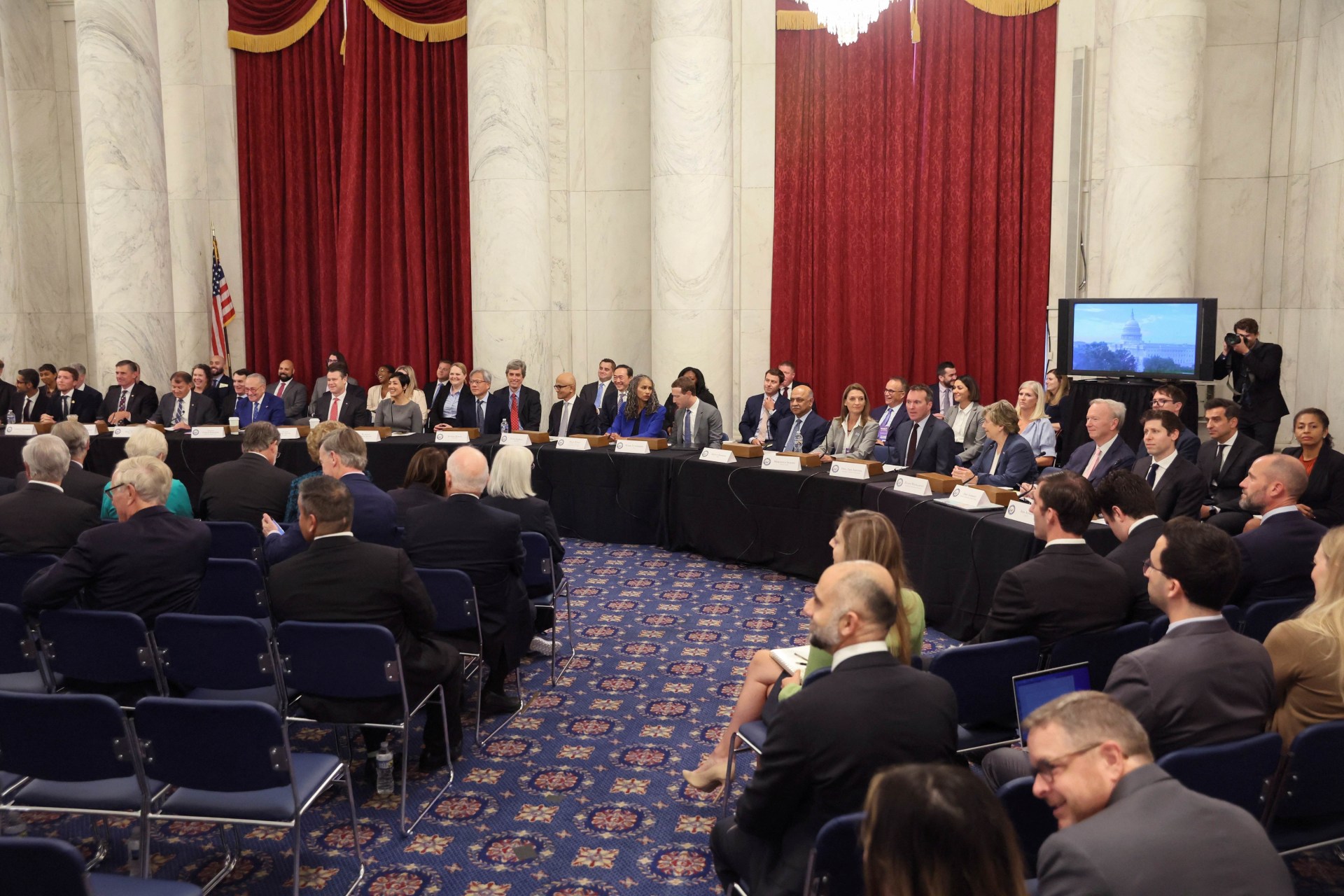 <p>Technology leaders take their seats for the start of a bipartisan Artificial Intelligence (AI) Insight Forum for all U.S. senators hosted by Senate Majority Leader Chuck Schumer (D-NY).</p>
