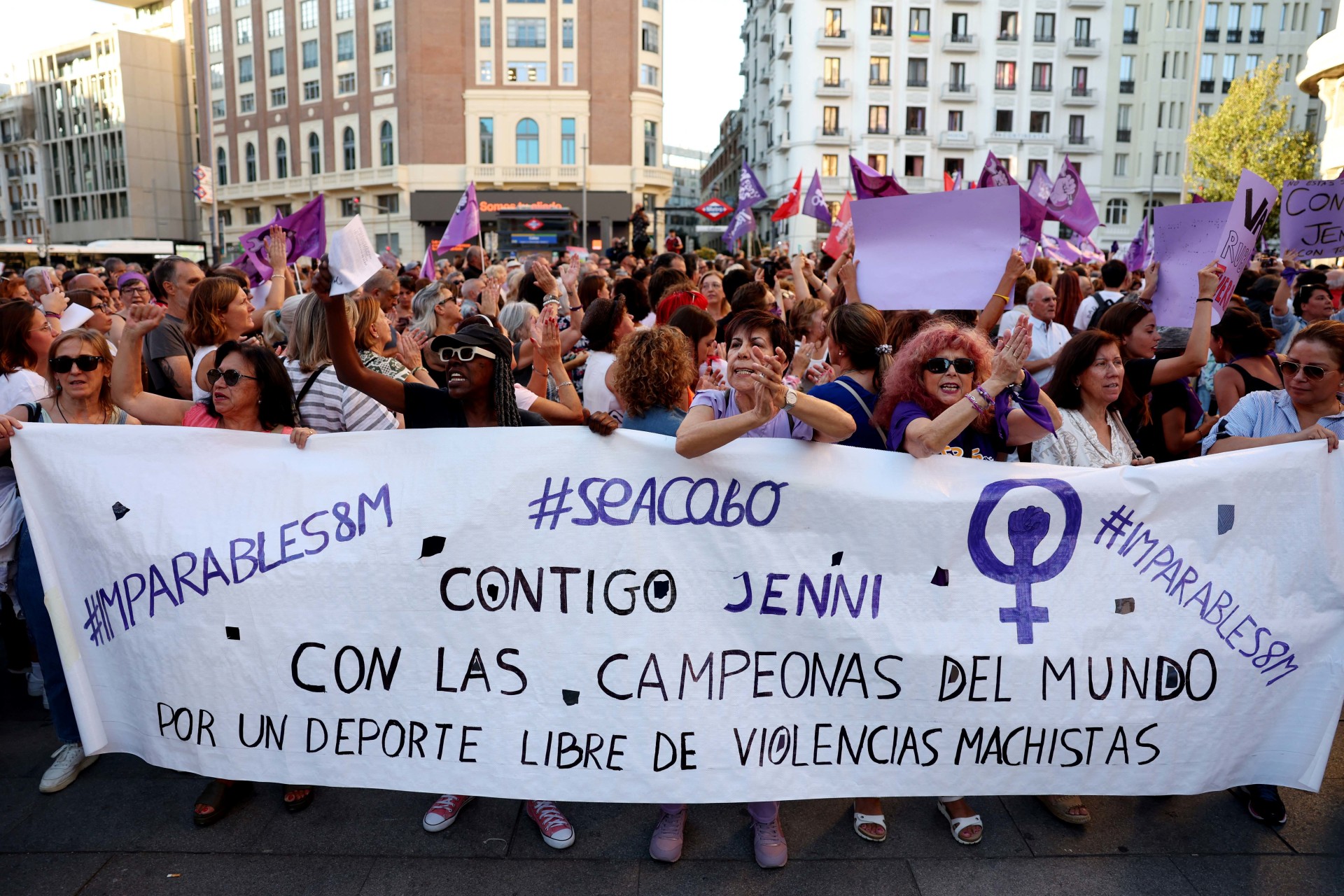 <p>Soccer Football – People protest against Royal Spanish Football Federation President Luis Rubiales – Plaza Callao, Madrid, Spain – August 28, 2023 People hold banners and protest in Madrid following a kiss between Royal Spanish Football Federation Preside</p>