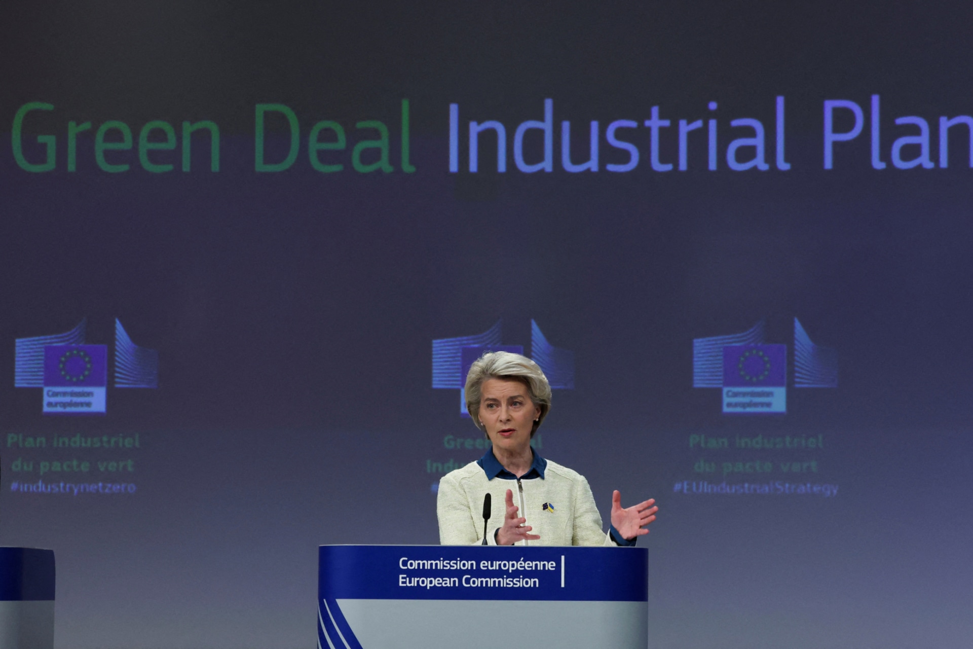 <p>European Commission President Ursula presents a “communication” detailing the EU’s “Green Deal Industrial Plan” in Brussels, Belgium</p>