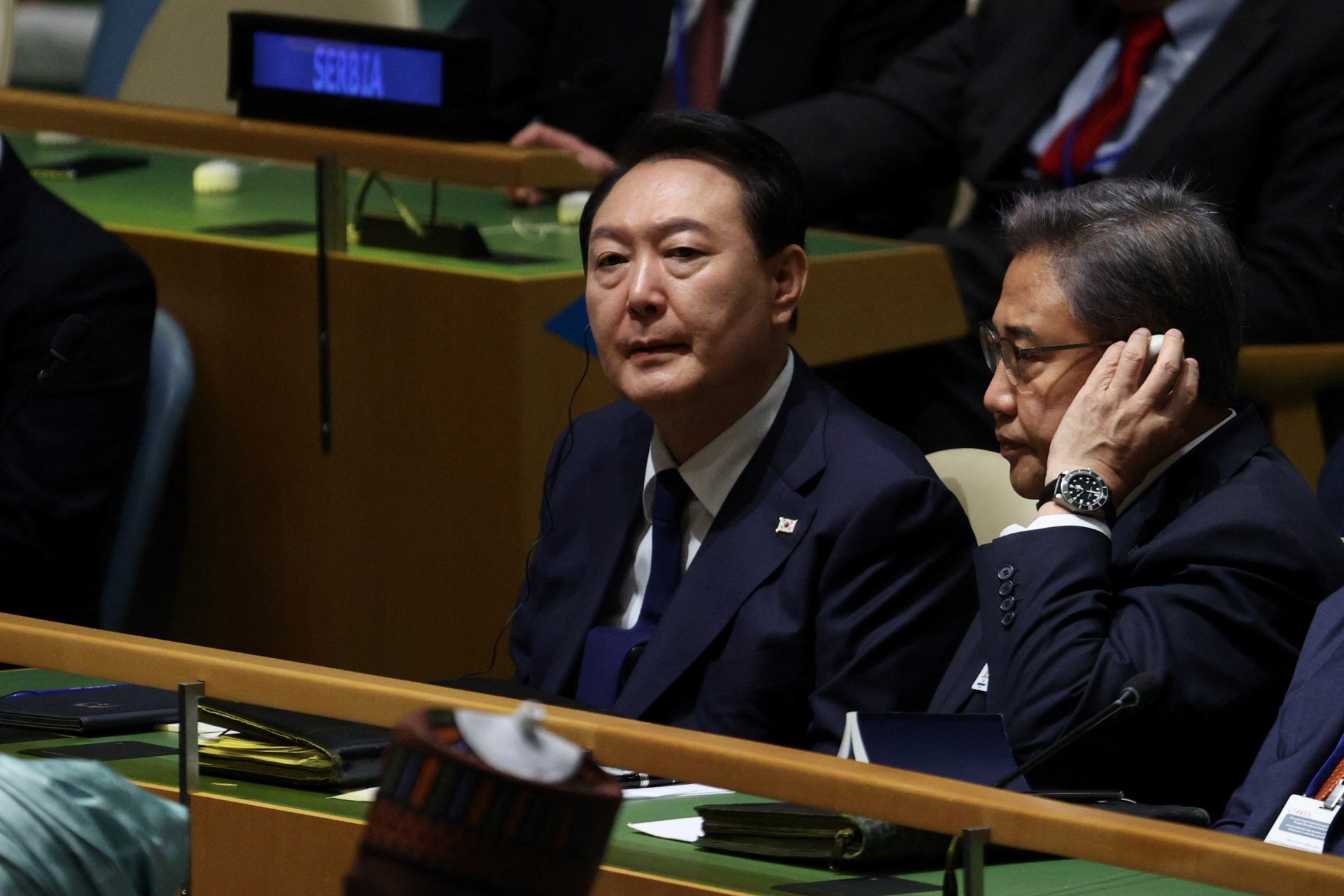 <p>South Korean President Yoon Suk Yeol and Foreign Minister Park Jin listen to leaders’ speeches during the first day of the 77th Session of the United Nations General Assembly on September 20, 2022.</p>