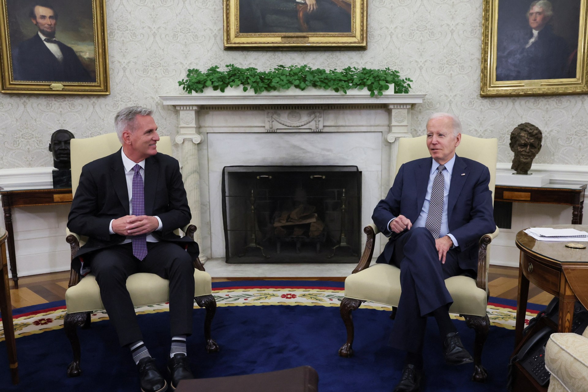 <p>U.S. President Joe Biden holds debt limit talks with House Speaker McCarthy at the White House in Washington.</p>