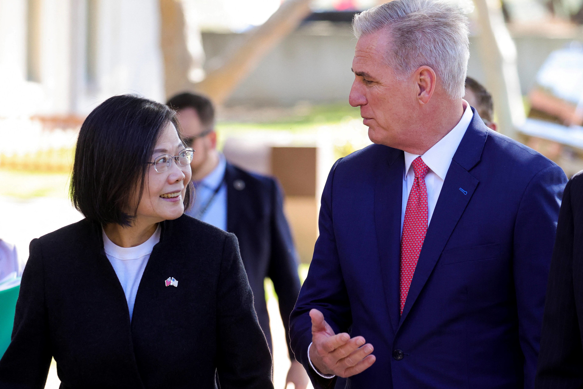 <p>Taiwan’s President Tsai Ing-wen met with U.S. Speaker of the House Kevin McCarthy at the Ronald Reagan Presidential Library in Simi Valley, California, on April 5, 2023</p>
