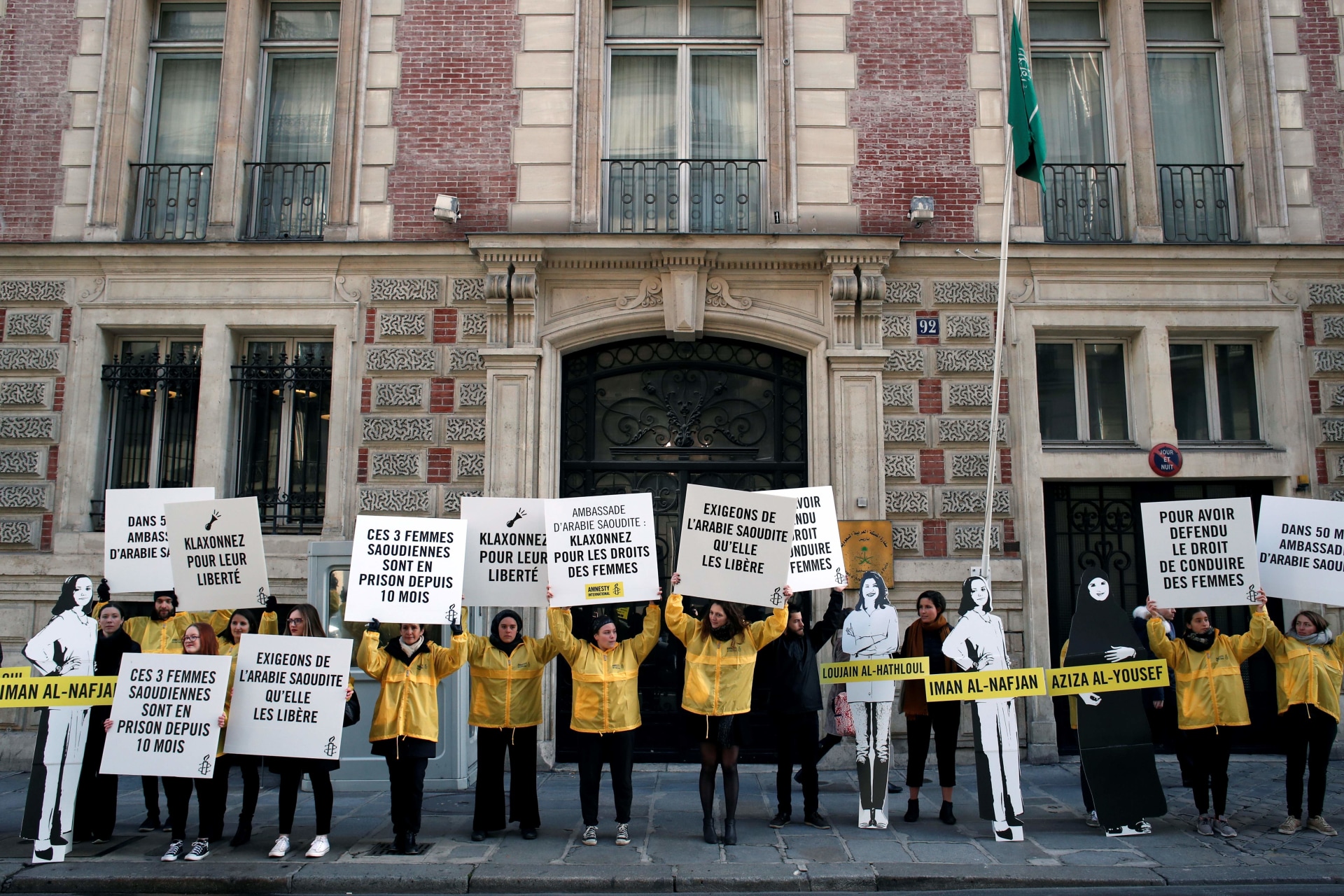 <p>Demonstrators from Amnesty International protest outside the Saudi Arabian Embassy in Paris, France, March 8, 2019.</p>