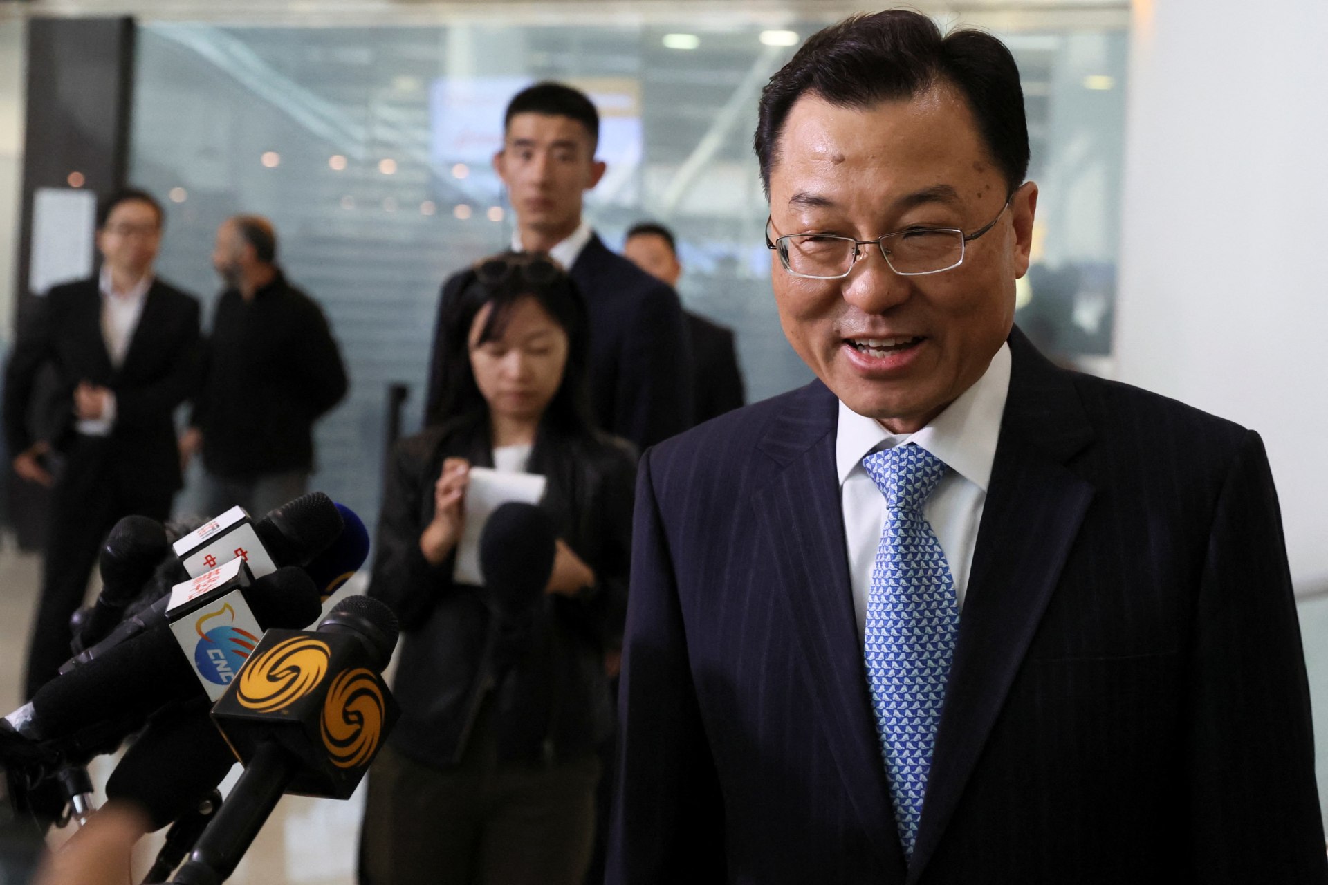 <p>Xie Feng, China’s new ambassador to the U.S., addresses the media as he arrives at JFK airport in New York City, U.S., May 23, 2023.</p>