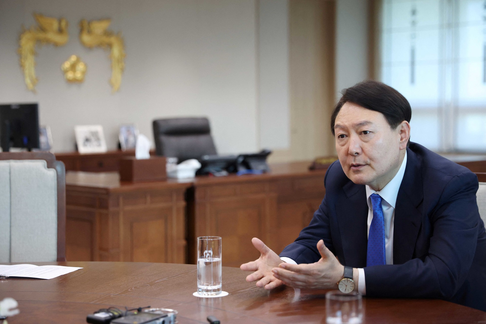 <p>South Korean President Yoon Suk-yeol speaks during an interview with Reuters at the Presidential Office in Seoul, South Korea on April 18, 2023.</p>