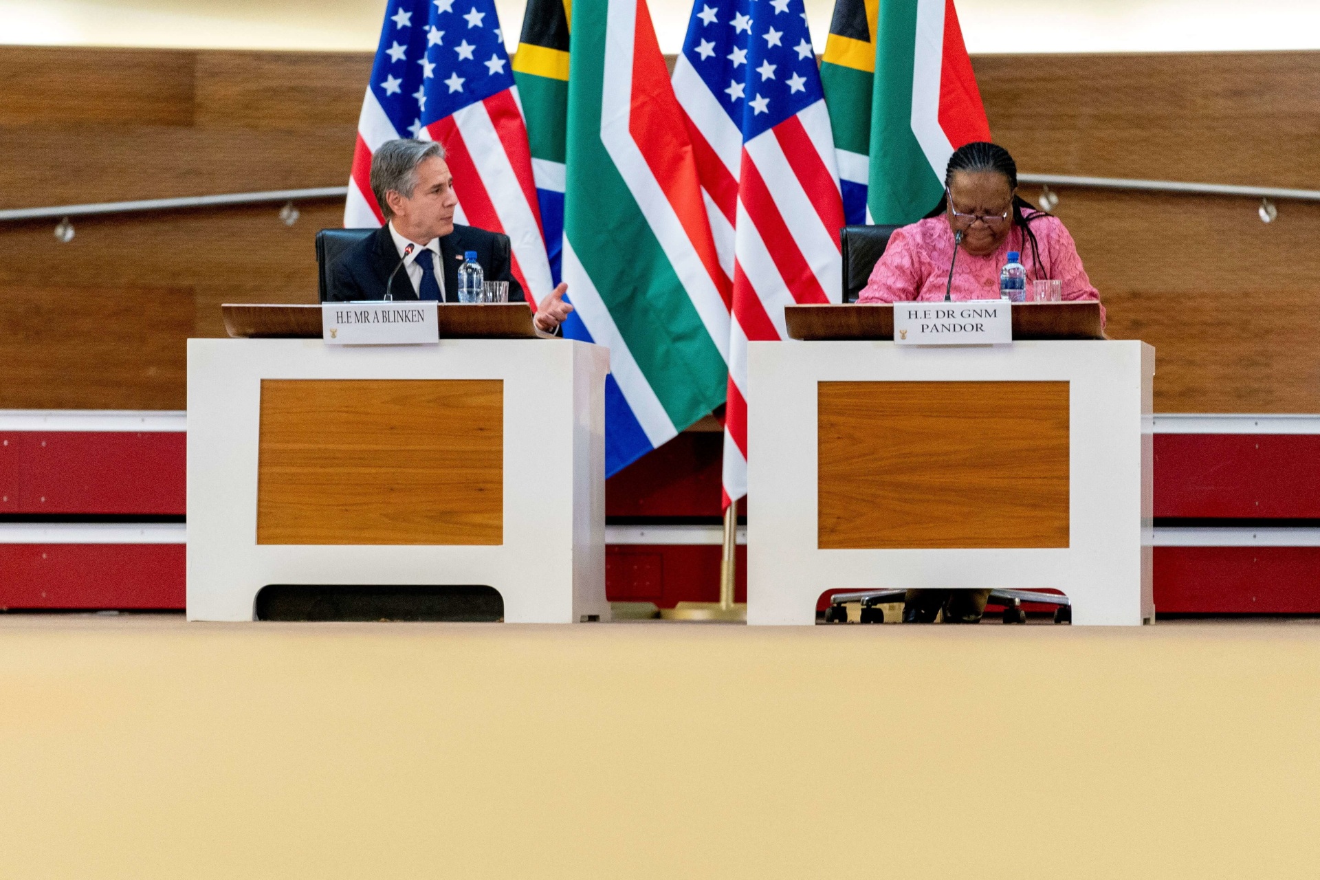 <p>Secretary of State Antony Blinken speaks to South Africa’s Foreign Minister Naledi Pandor during a strategic dialogue meeting at the South African Department of International Relations and Cooperation in Pretoria, South Africa on August 8, 2022.</p>