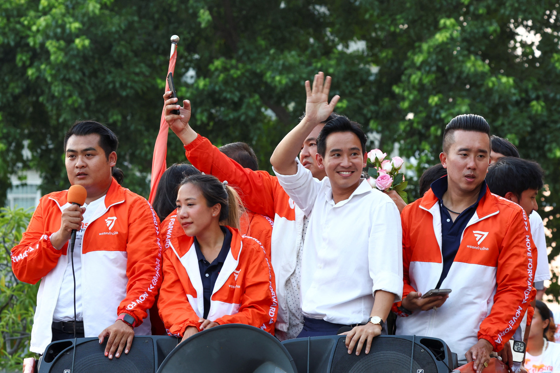 <p>Move Forward Party leader and prime ministerial candidate Pita Limjaroenrat waves to supporters as they celebrate the party’s election results in Bangkok, Thailand, on May 15, 2023. </p>
