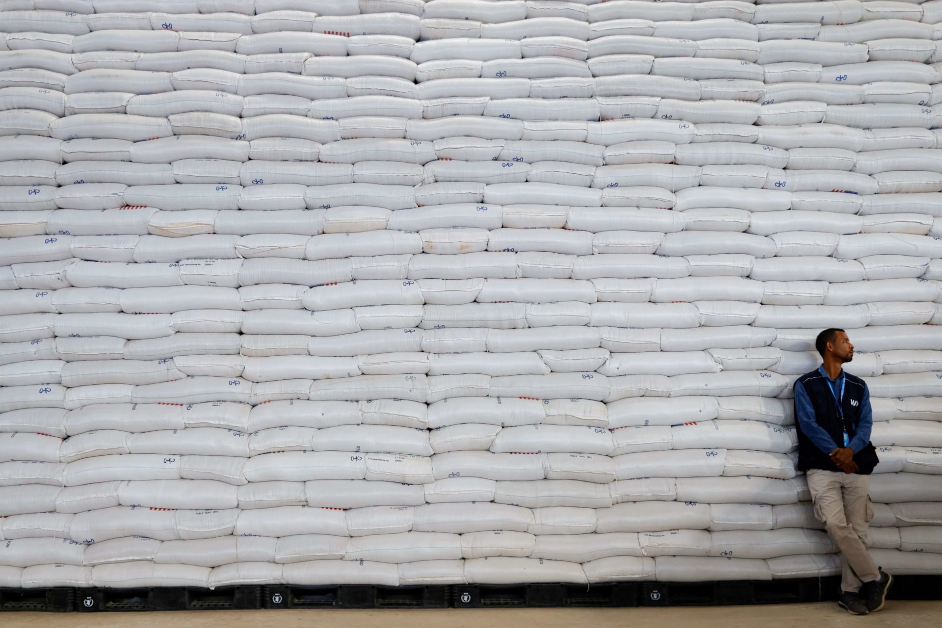 <p>A worker stands by bags of wheat during an official visit to the World Food Program (WFP) warehouse in Adama, Ethiopia on January 12, 2023.</p>
