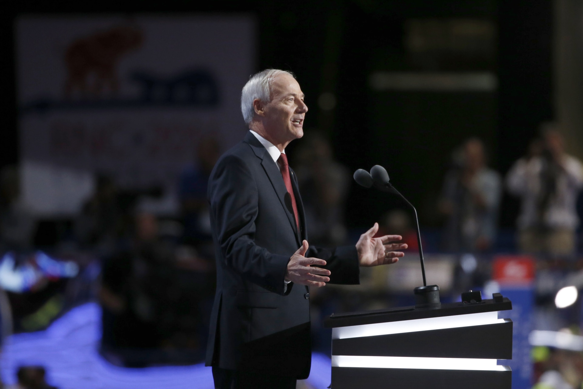 <p>Arkansas Governor Asa Hutchinson speaks at the 2016 Republican National Convention in Cleveland, Ohio</p>
