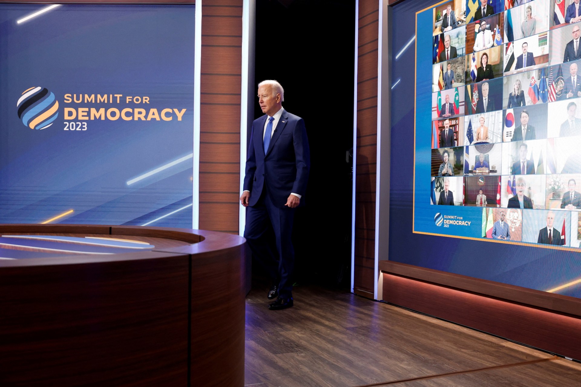 <p>U.S. President Joe Biden arrives to deliver remarks during a virtual Summit for Democracy.</p>