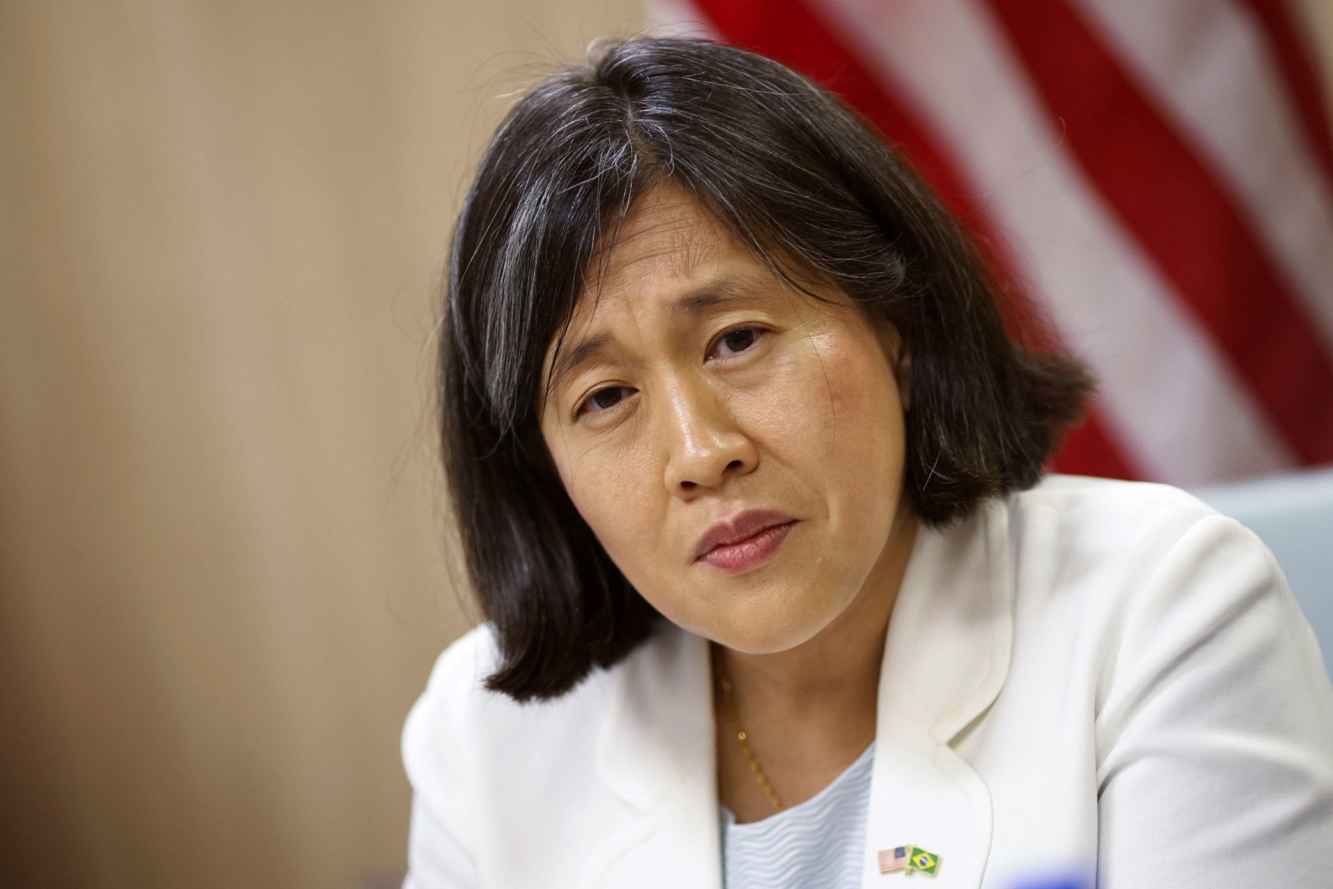 <p>U.S. Trade Representative Katherine Tai speaks in Brasilia, Brazil</p>