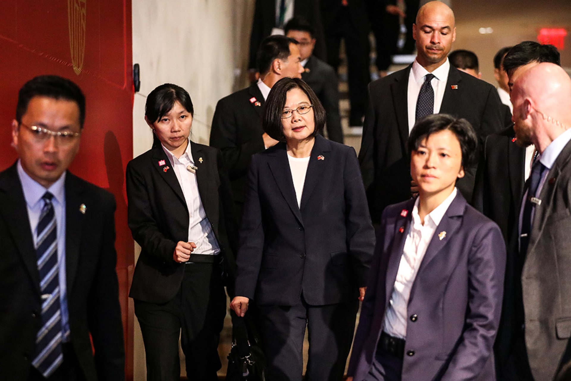 <p>Taiwan President Tsai Ing-wen leaves the Taipei Economic and Cultural Office in New York during her visit to New York City, July 11, 2019.</p>
