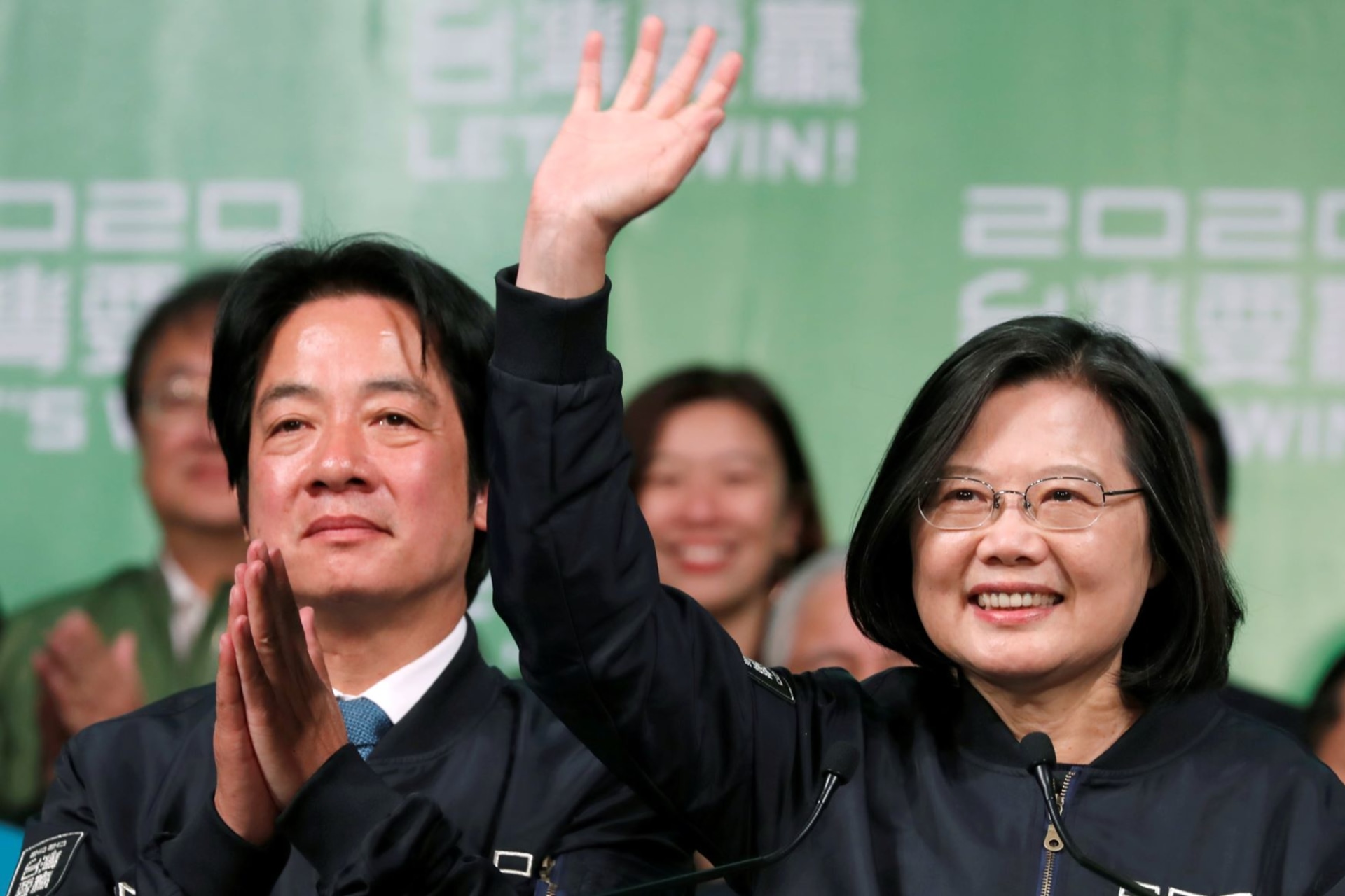 <p>Incumbent Taiwan President Tsai Ing-wen and Vice President-elect William Lai wave to their supporters after their election victory at a rally on January 11, 2020. Tsai won the presidency in 2020 despite Chinese interference in the electoral process.</p>

