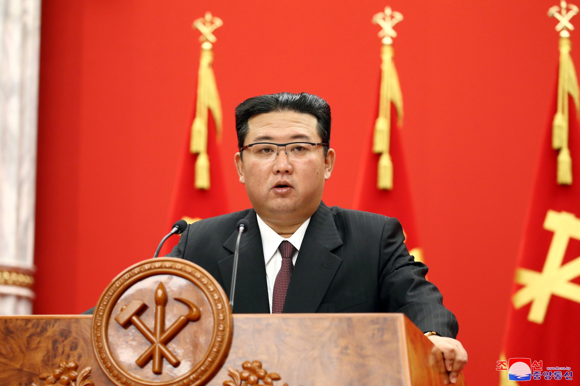 <p>North Korean leader Kim Jong-un speaks to a crowd at an event celebrating the 76th anniversary of the founding of the ruling Workers’ Party of Korea. </p>
