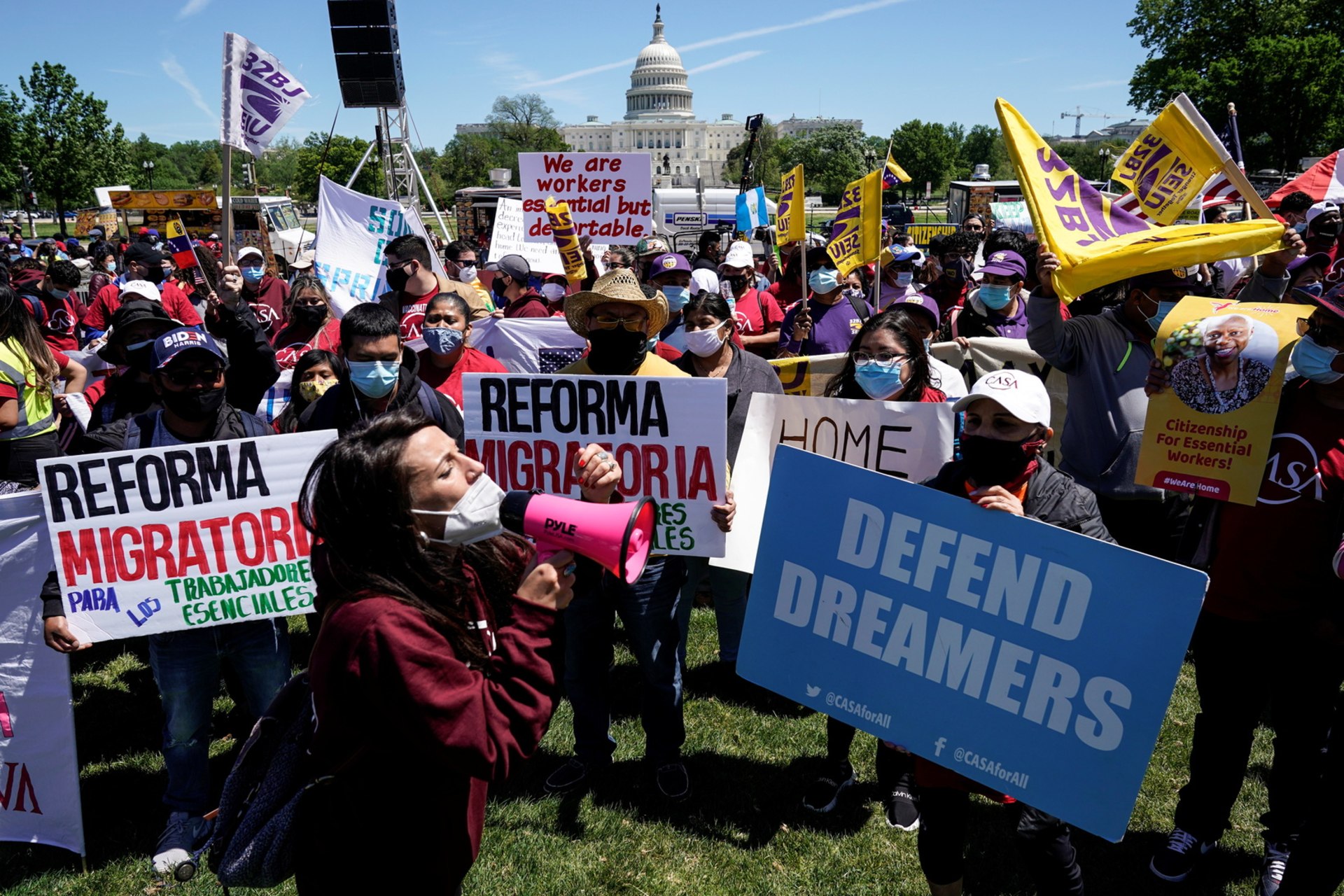 <p>Pro-immigration activists call for immigration reform near the Capitol in Washington on May 1, 2021</p>
