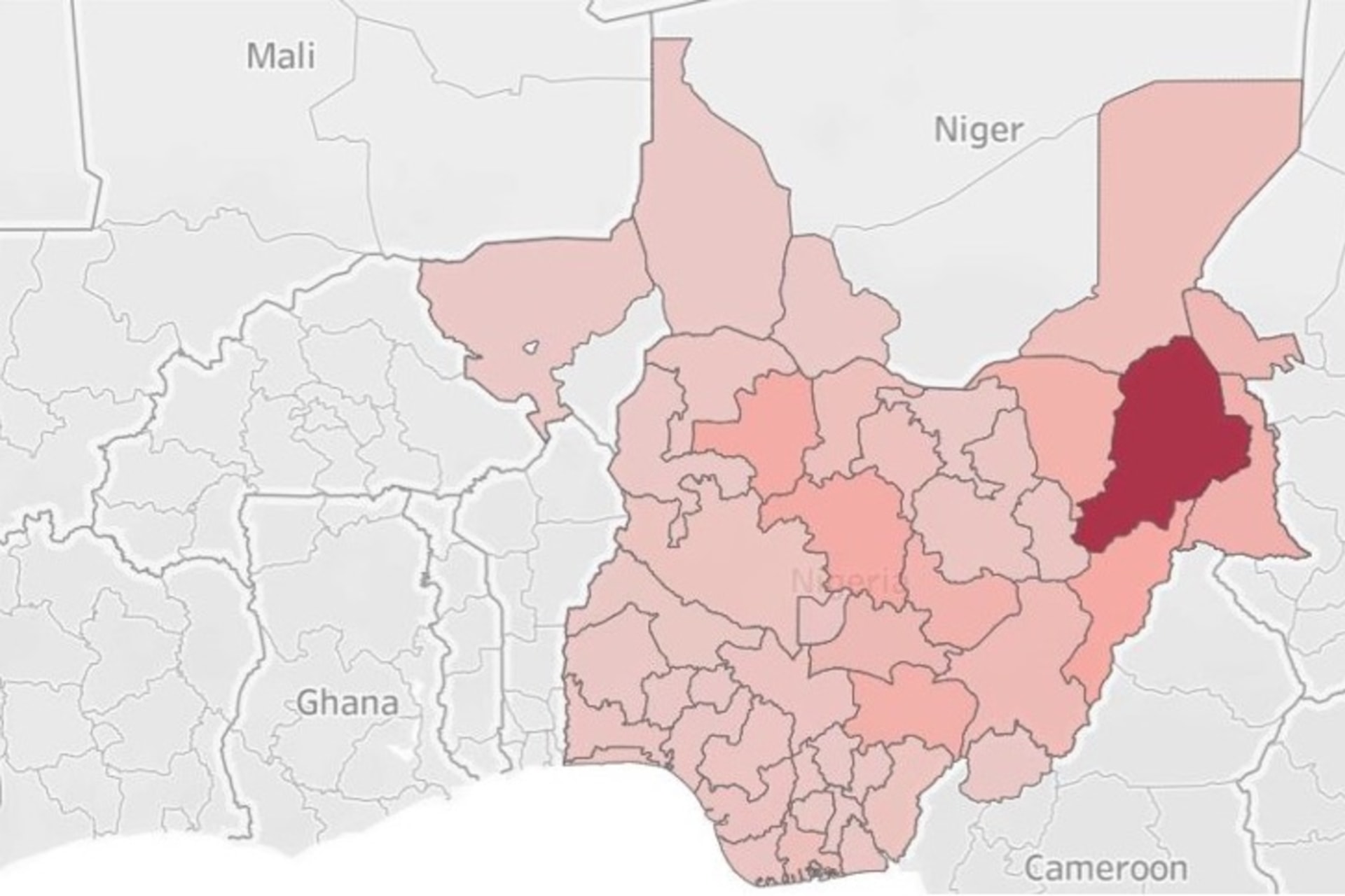 <p>The map depicts deaths by state. Borno State, in Nigeria’s North East, is the epicenter of Boko Haram-related violence, which has also spilled into neighboring Adamawa and Yobe states, among others.</p>
