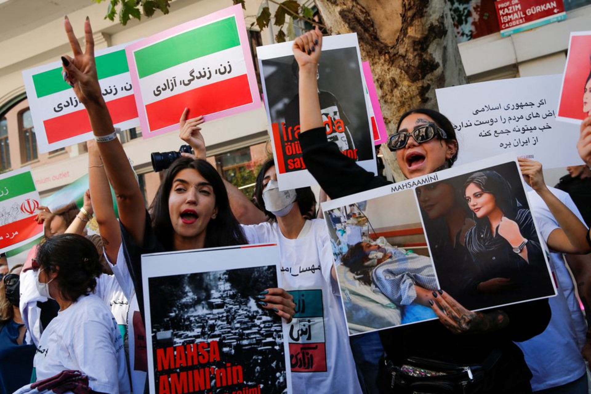 <p>Protestors shout slogans during a protest in Istanbul in September 2022 outside of the Iranian embassy following the death of Mahsa Amini.</p>
