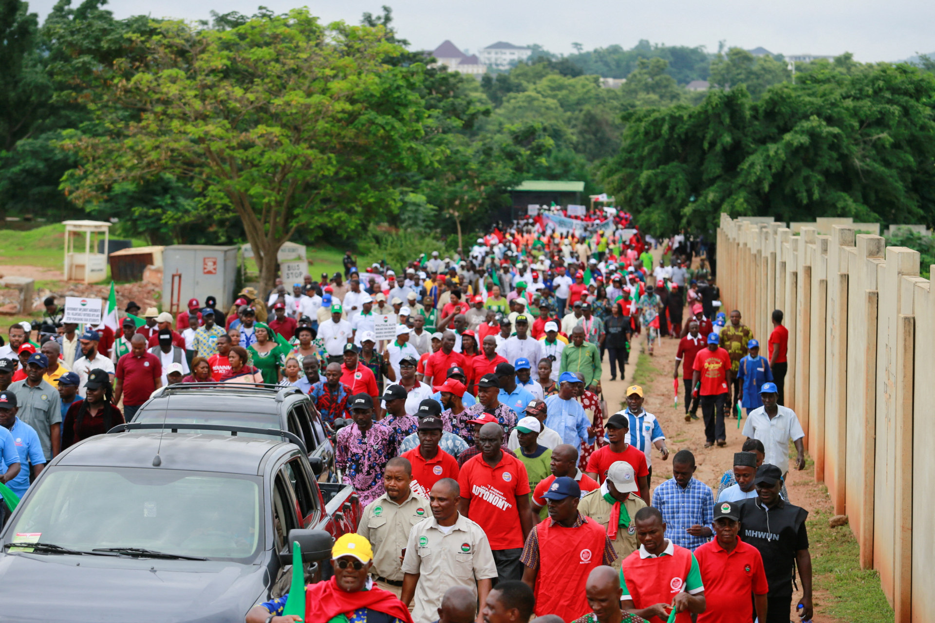 <p>Members of the Nigeria Labour Congress (NLC) protest during a rally on the closure of Nigerian Universities in Abuja, Nigeria on July 27, 2022.</p>