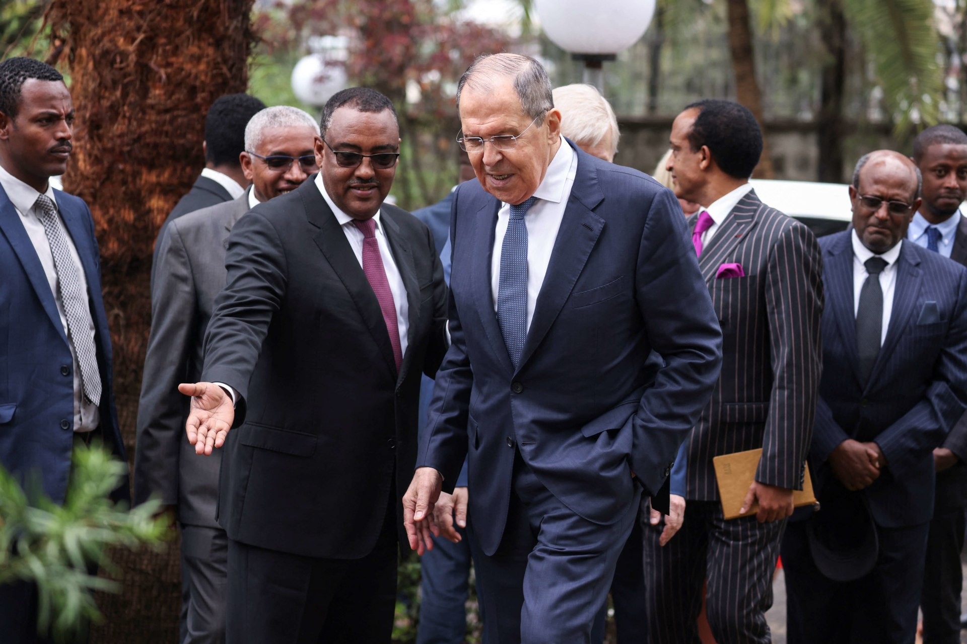 <p>Russian Foreign Minister Sergey Lavrov and his Ethiopian counterpart Demeke Mekonnen arrive at Russian Embassy during Lavrov’s visit to to Addis Ababa, Ethiopia, July 27, 2022.</p>