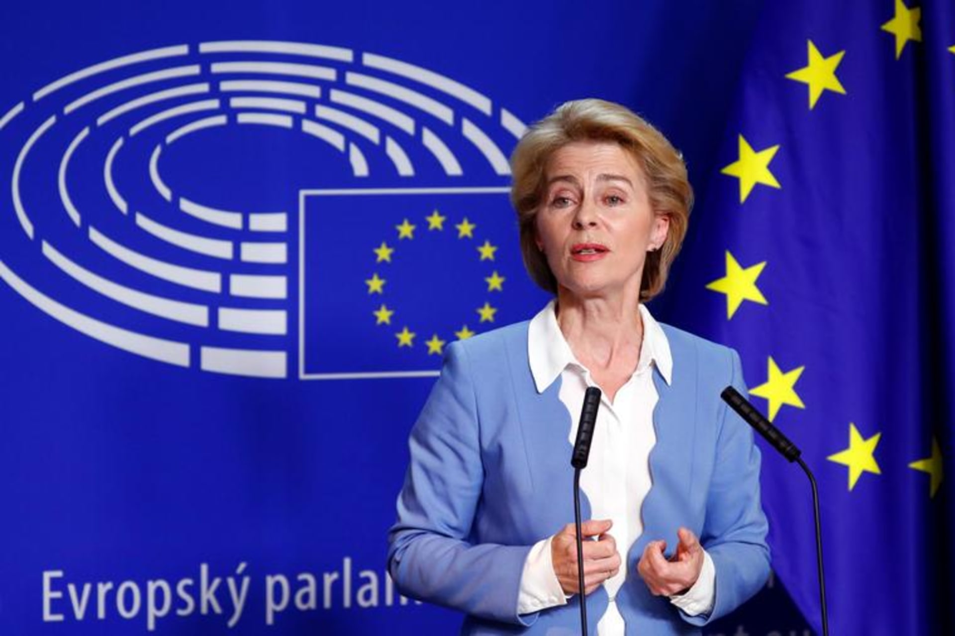 <p>European Commission President Ursula von der Leyen speaks at an event in Belgium in July 2019.</p>
