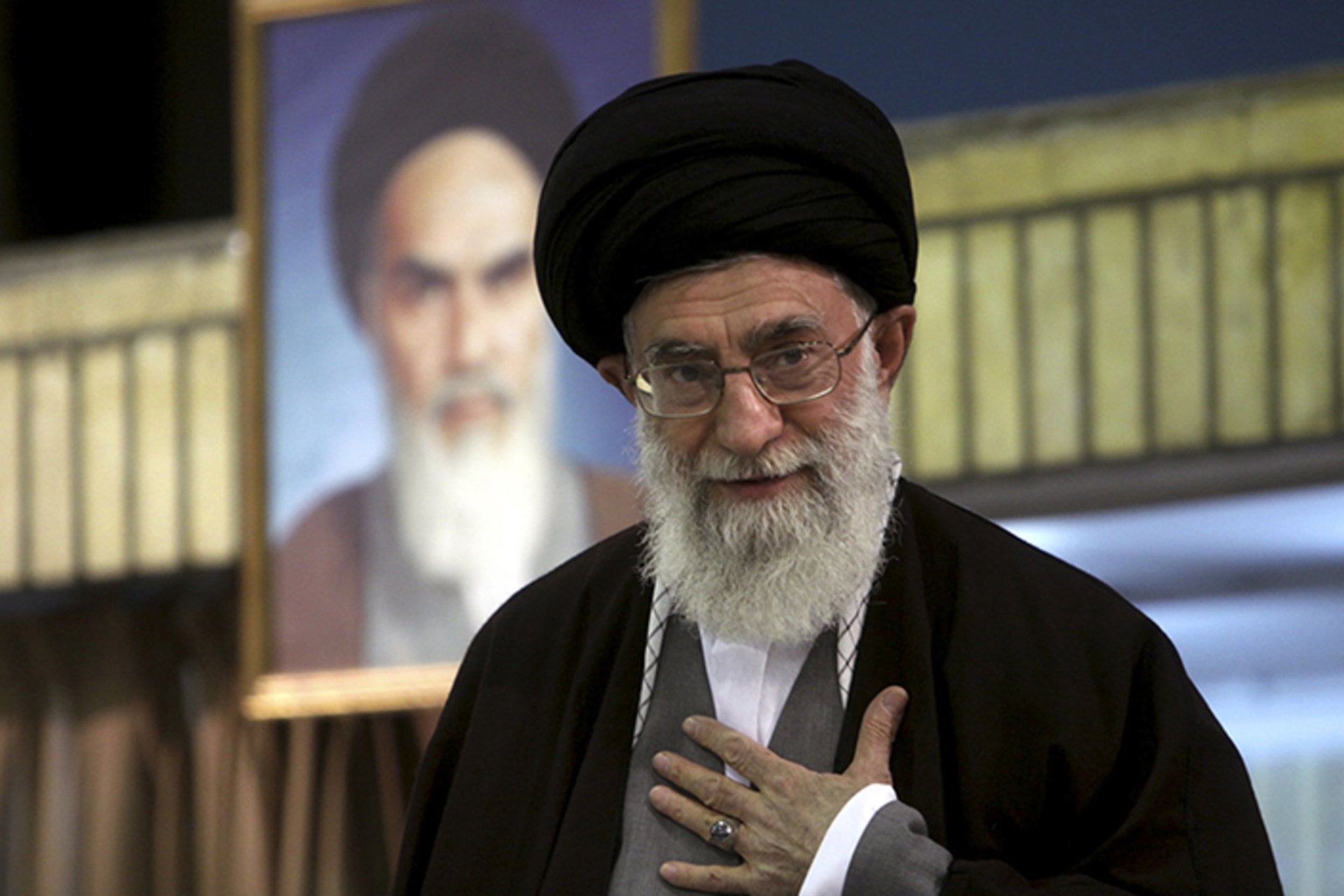 <p>Ayatollah Ali Khamenei, the supreme leader of Iran, speaks at a 2009 clerical meeting in Iran.</p>