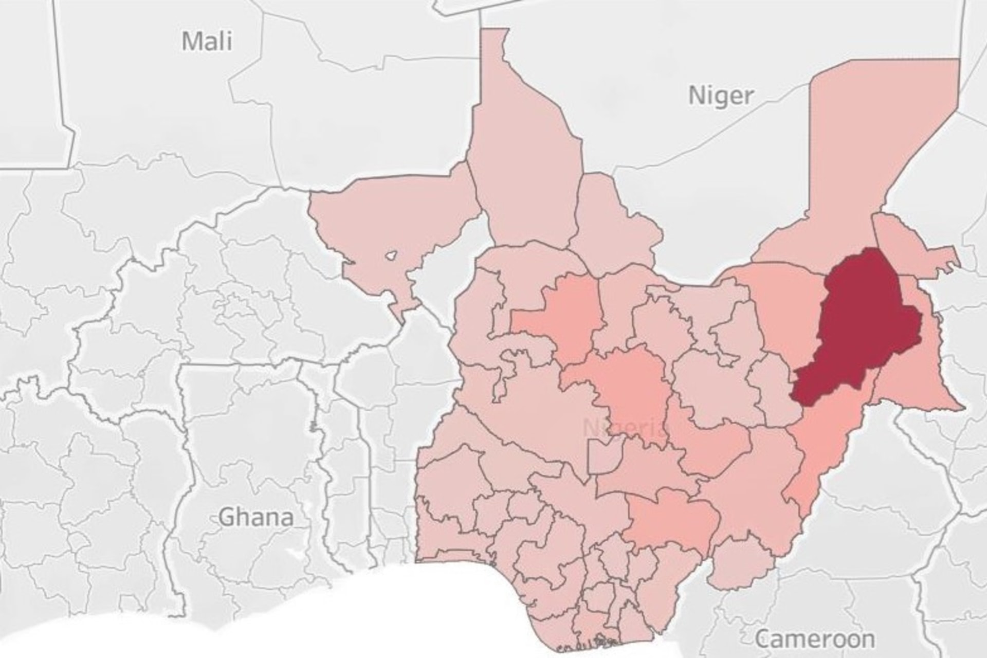 <p>The map depicts deaths by state. Borno State, in Nigeria’s North East, is the epicenter of Boko Haram-related violence, which has also spilled into neighboring Adamawa and Yobe states, among others</p>
