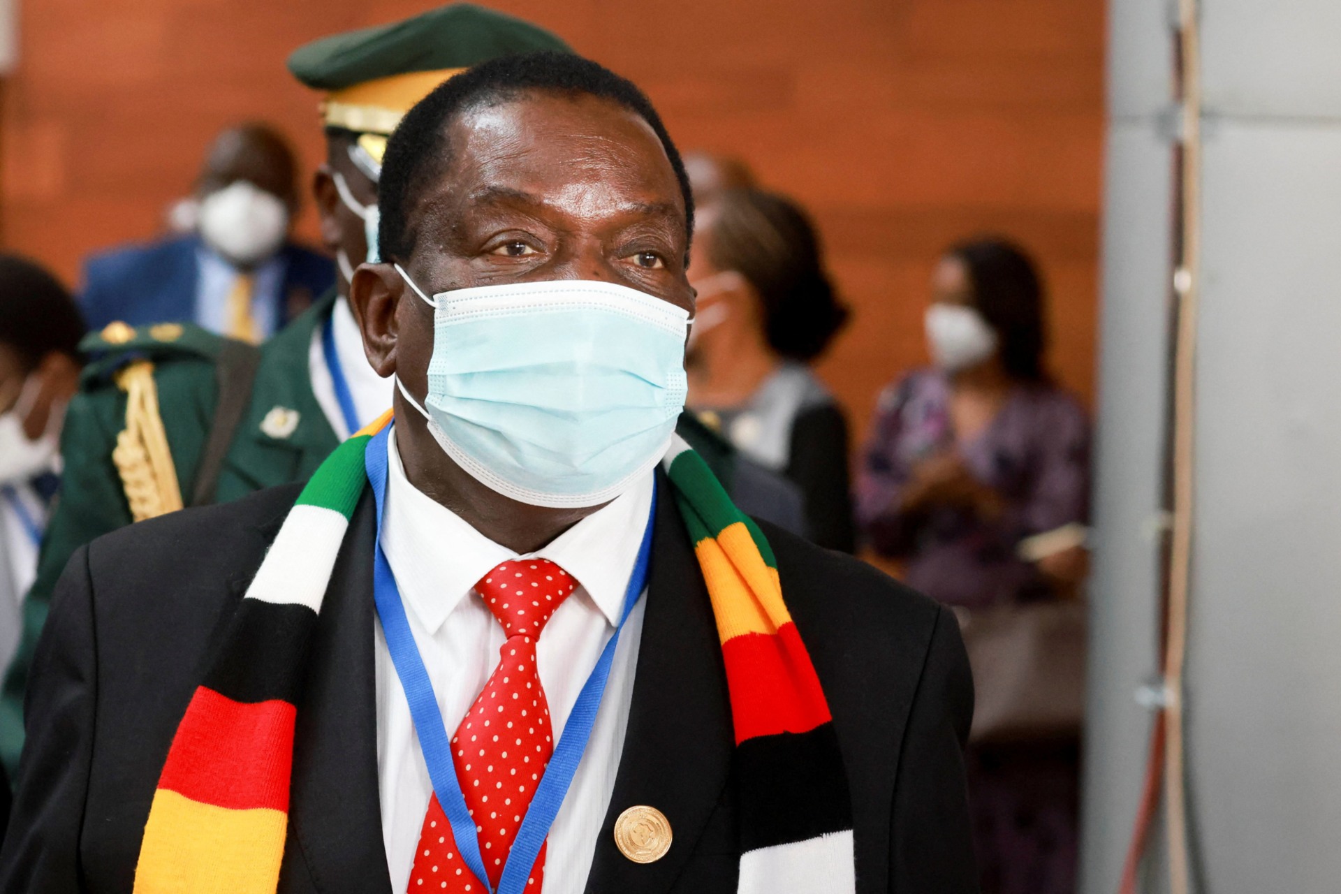 <p>President of Zimbabwe Emmerson Mnangagwa arrives to the 35th ordinary session of the Assembly of the African Union in Addis Ababa, Ethiopia, on February 5, 2022.</p>