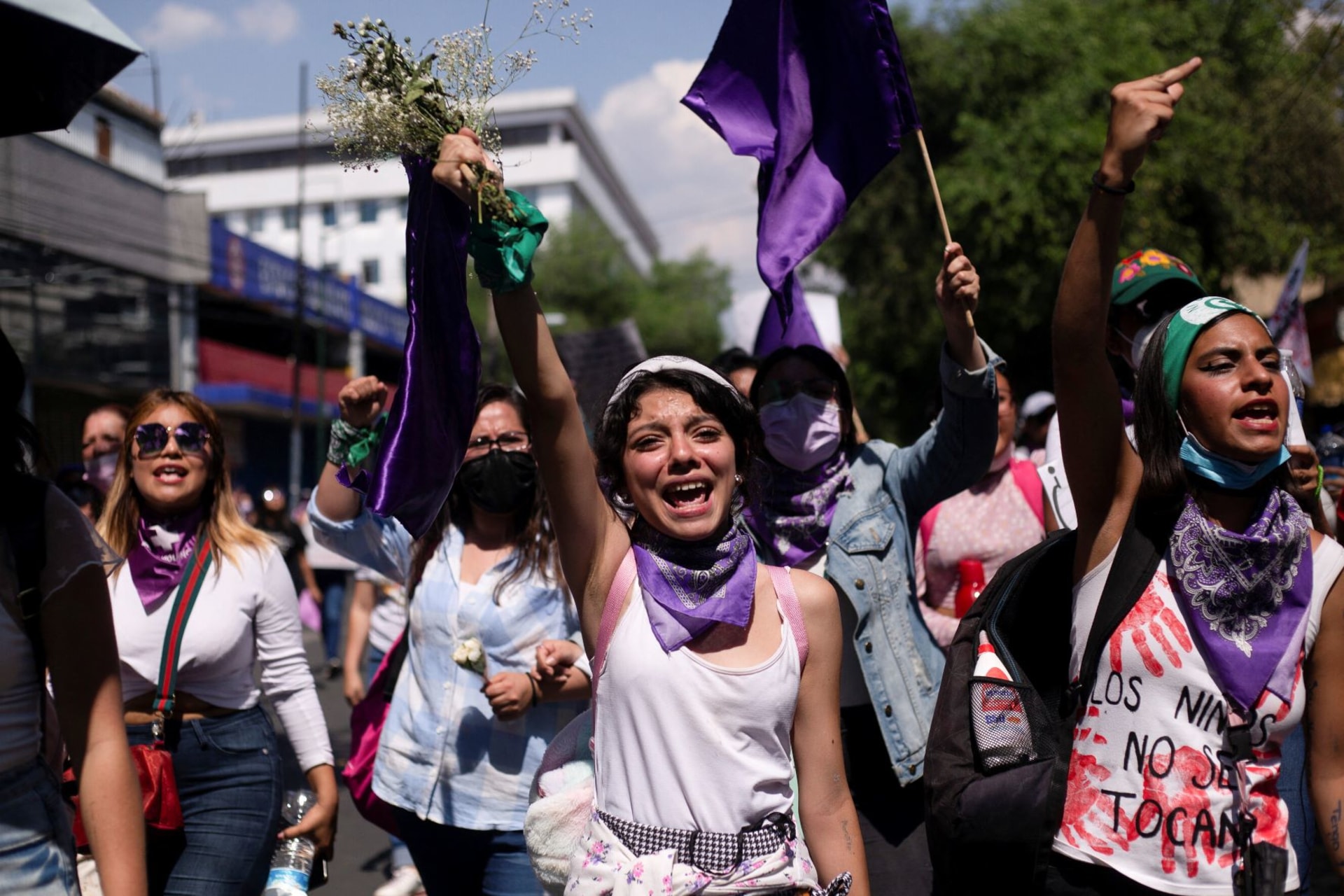 <p>Women participate in a protest on April 24, 2022 in Mexico City to demand justice for victims of gender-based violence and femicides following the death of Debanhi Escobar.</p>
