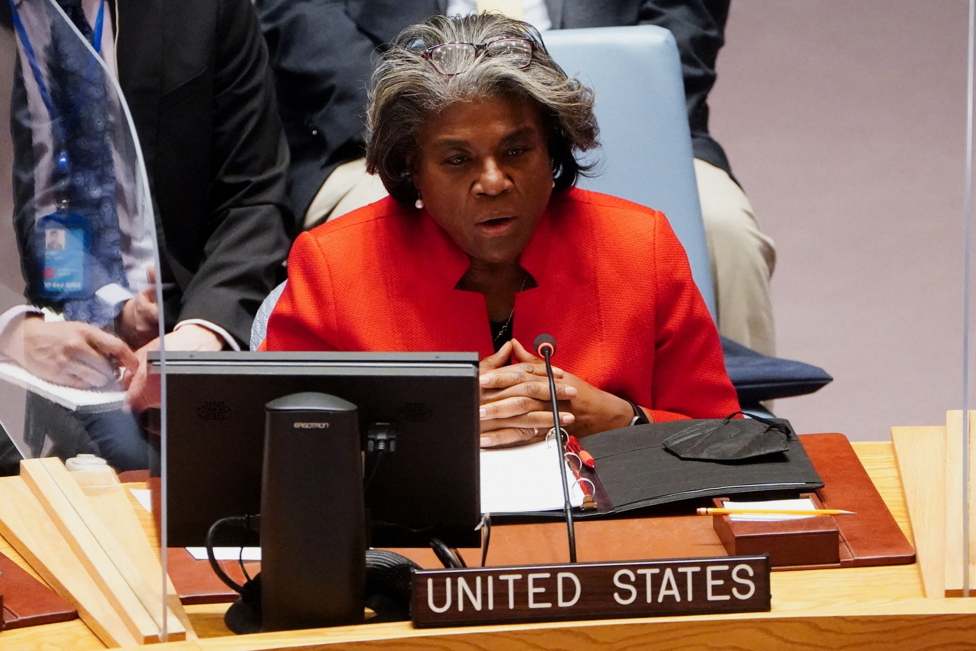 <p>U.S. Ambassador to the United Nations Linda Thomas-Greenfield speaks during an emergency meeting after Russia’s invasion of Ukraine in New York City, United States on March 4, 2022.</p>