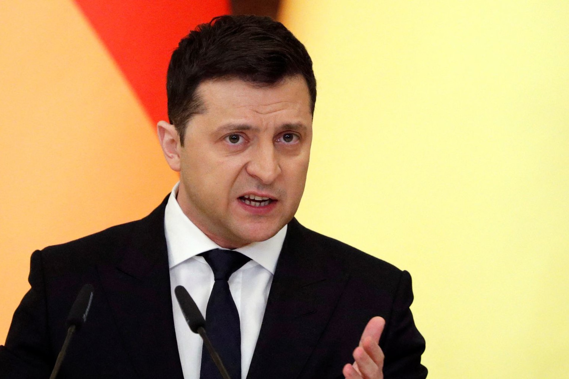 <p>Ukrainian President Volodymyr Zelenskyy at a joint press conference with German Chancellor Olaf Scholz in February 2022.</p>
