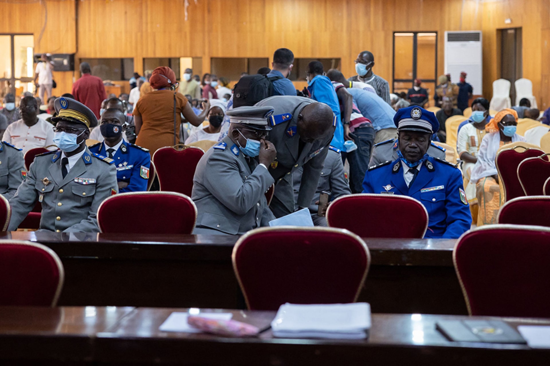 <p>People attend the opening of the trial against alleged perpetrators of the assassination of former President Thomas Sankara in Ouagadougou, Burkina Faso.</p>
