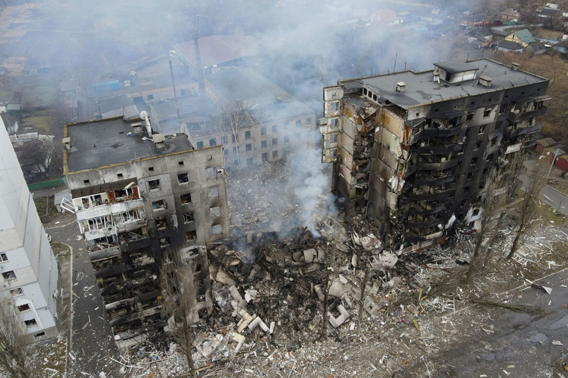 <p>An aerial view shows a residential building destroyed by shelling, as Russia’s invasion of Ukraine continues, in the settlement of Borodyanka in the Kyiv region, Ukraine, on March 3, 2022.</p>