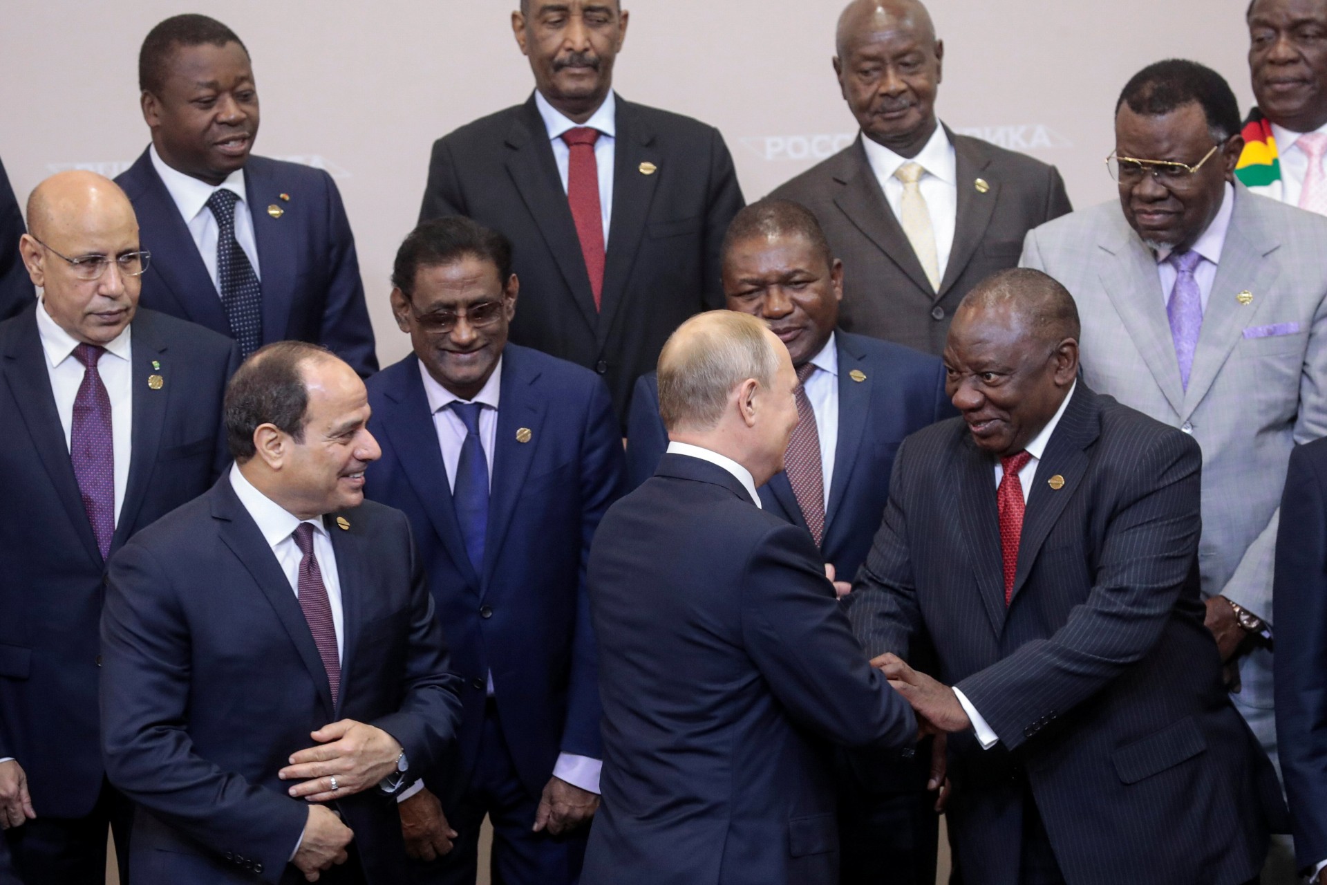 <p>Russian President Vladimir Putin shakes hands with South African President Cyril Ramaphosa in the 2019 Russia-Africa Summit at Sochi, Russia, on October 24, 2019.</p>
