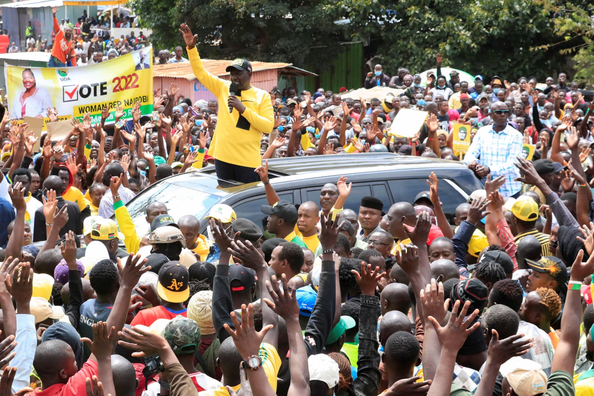 <p>William Ruto, Kenya’s deputy president and presidential candidate under United Democratic Alliance (UDA) party, addresses a campaign rally ahead of the forthcoming elections in Kibera district of Nairobi, Kenya on January 18, 2022.</p>
