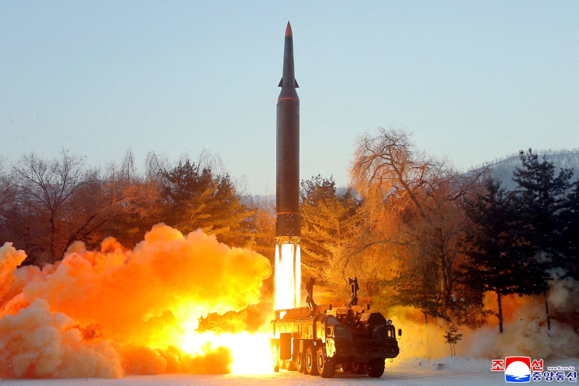 <p>A view of what state news agency KCNA reports is the test firing of a hypersonic missile at an undisclosed location in North Korea on January 5, 2022.</p>