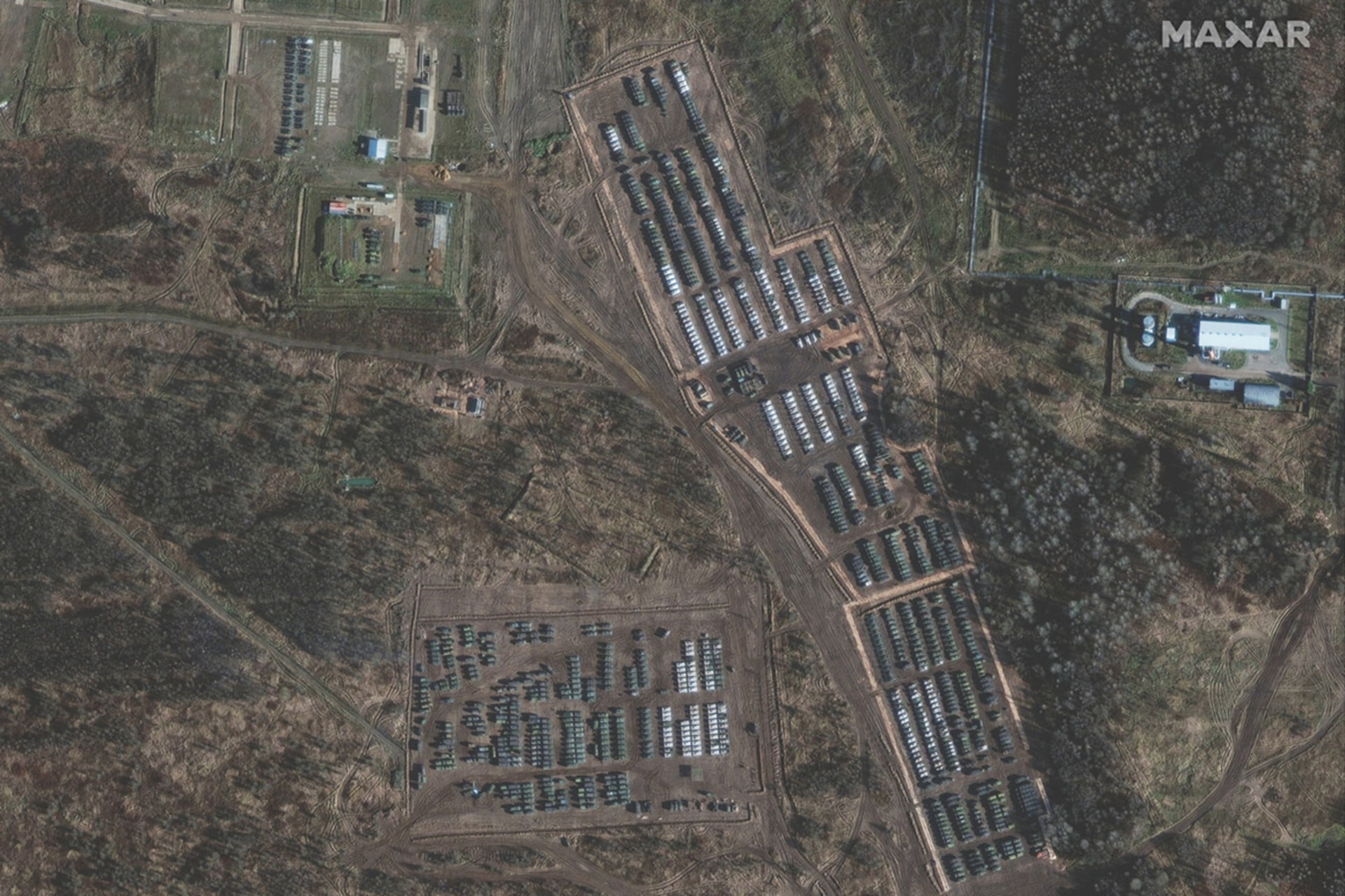 <p>Armored units and support vehicles of the Russian army parked near the border between Russia and Ukraine. The United States has threatened sanctions if the Russians cross into Ukrainian territory.</p>