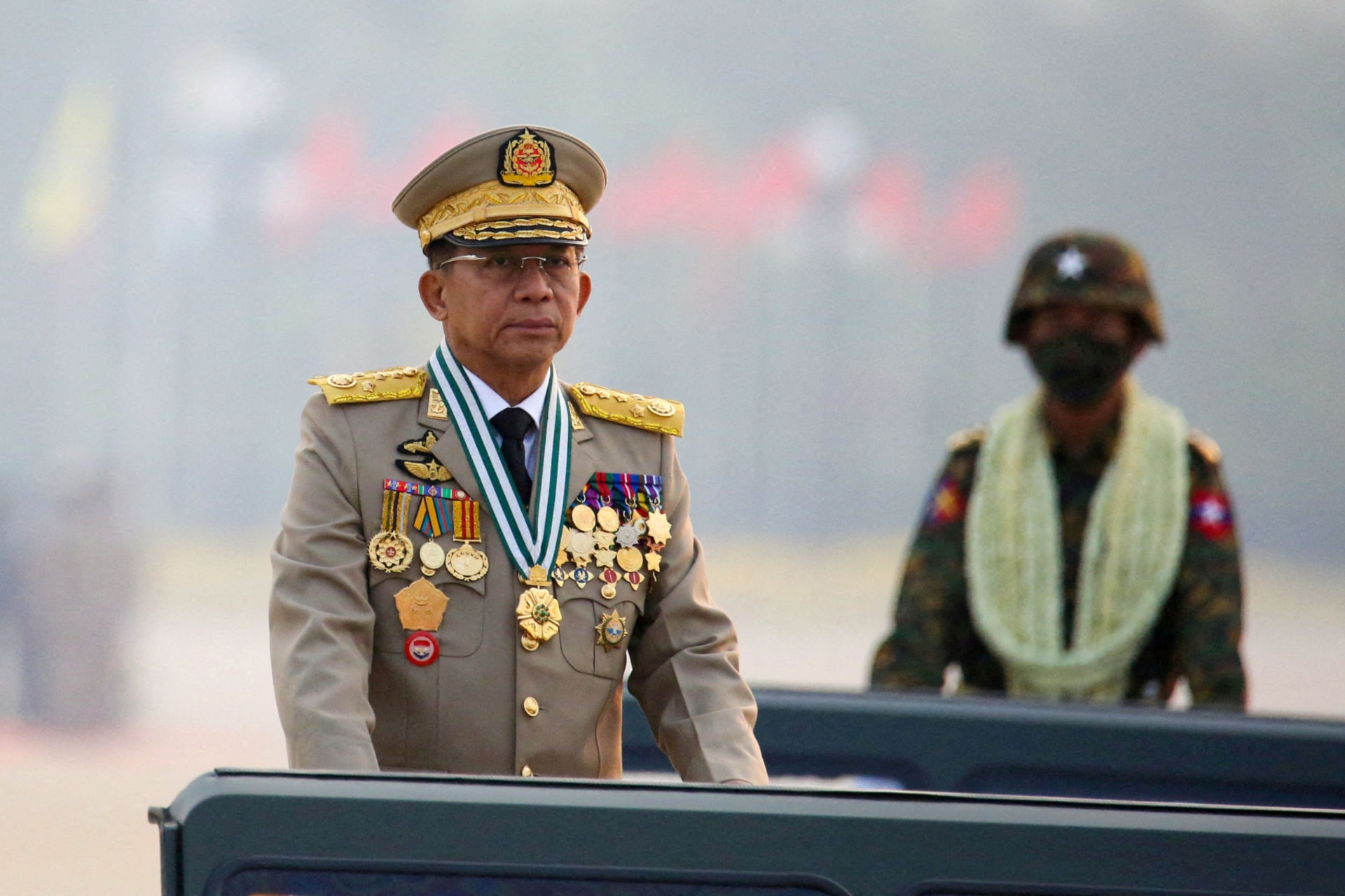 <p>Myanmar’s junta chief Senior General Min Aung Hlaing, who ousted the elected government in a coup on February 1, presides an army parade on Armed Forces Day in Naypyitaw, Myanmar, March 27, 2021.</p>
