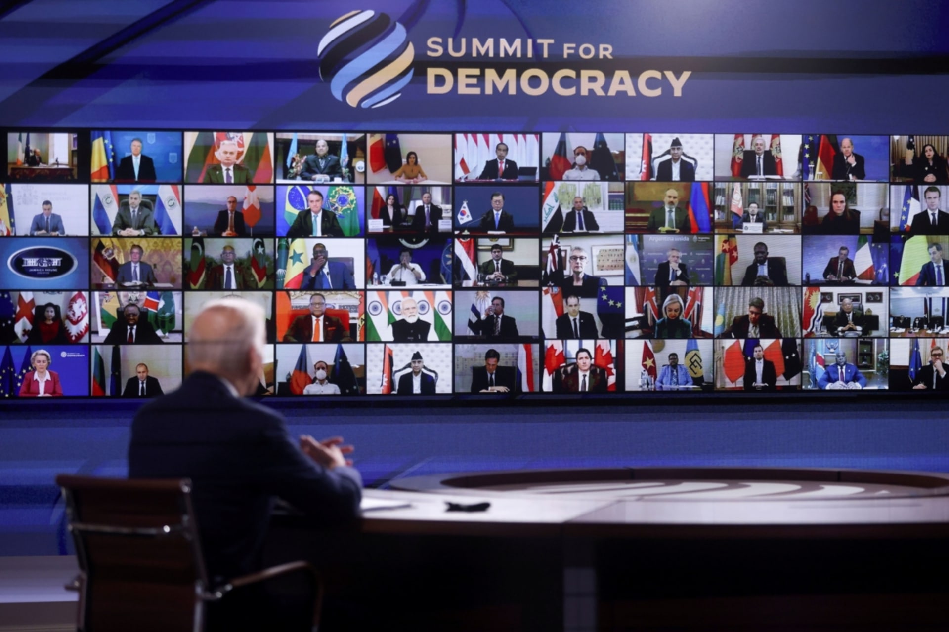 <p>U.S. President Joe Biden convenes a virtual summit with leaders from democratic nations at the State Department’s Summit for Democracy, at the White House, in Washington, D.C., U.S. on December 9, 2021.</p>
