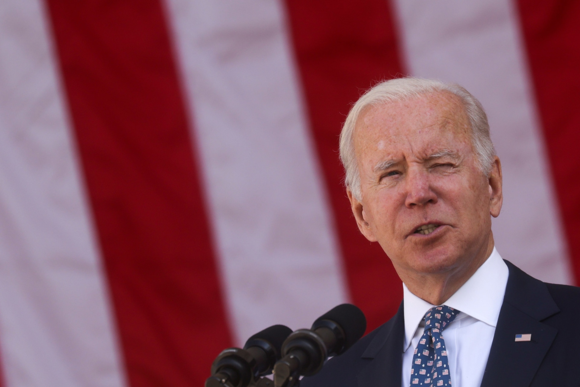 <p>U.S. President Joe Biden delivers remarks at the National Veterans Day Observance at Arlington National Cemetery in Arlington, Virginia, on November 11, 2021.</p>
