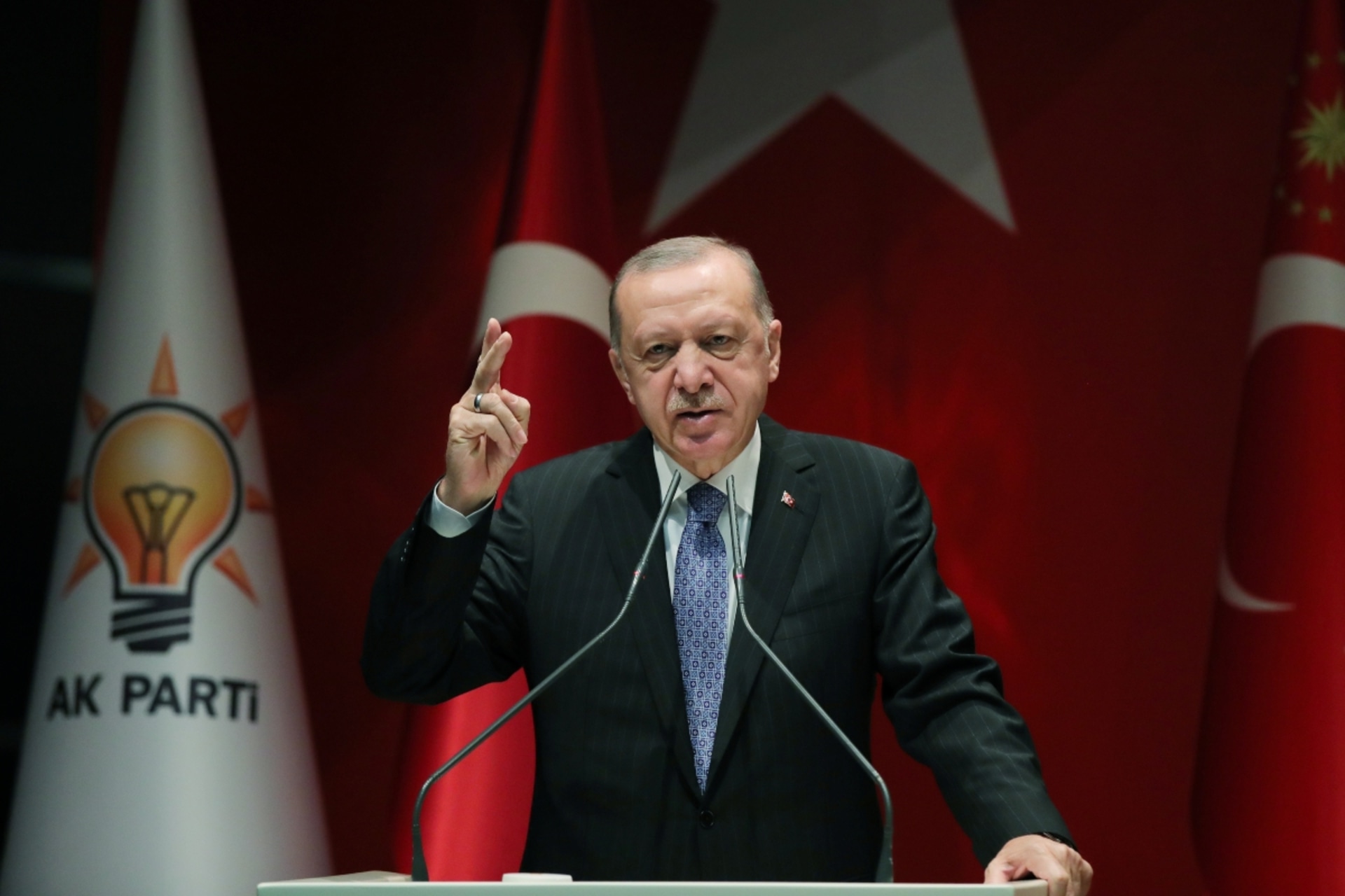<p>Turkish President Recep Tayyip Erdogan addresses members of his ruling Justice and Development Party (AKP) during a meeting at the party headquarters in Ankara.</p>