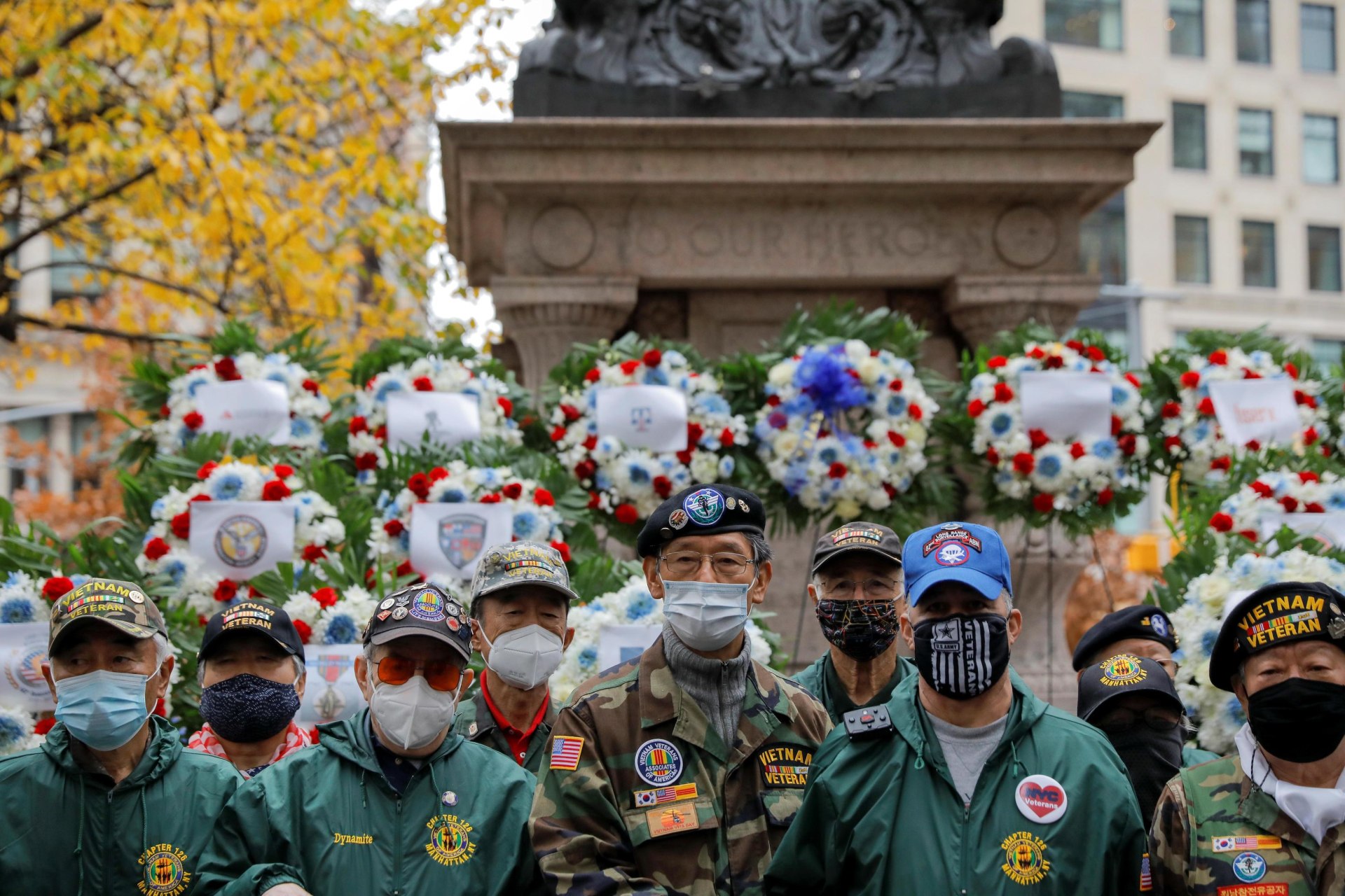 <p>A group of veterans attend a wreath laying ceremony in Madison Square Park in New York City on November 11, 2020.</p>
