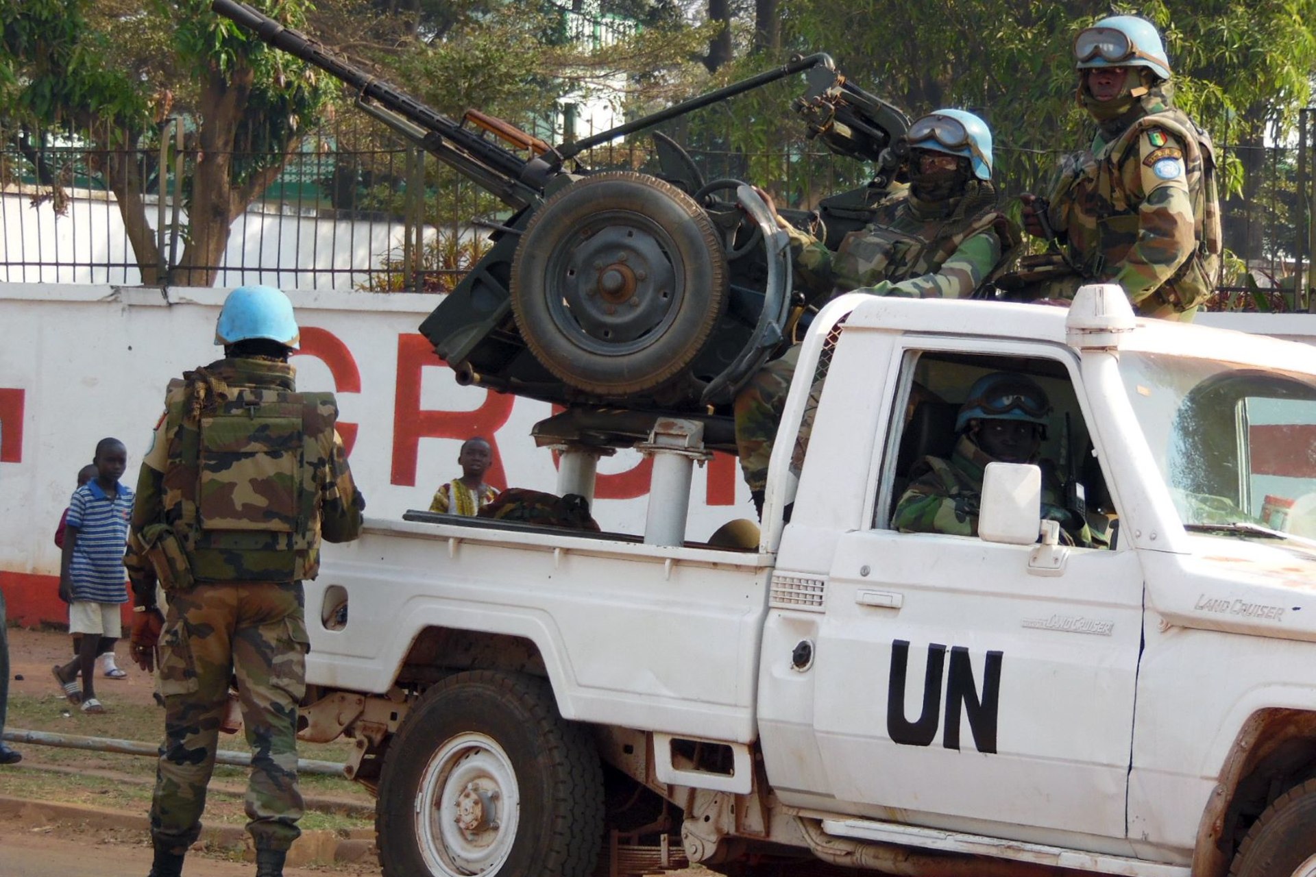 <p>UN peacekeepers patrol a street in Bangui during the 2015 presidential election in the Central African Republic.</p>
