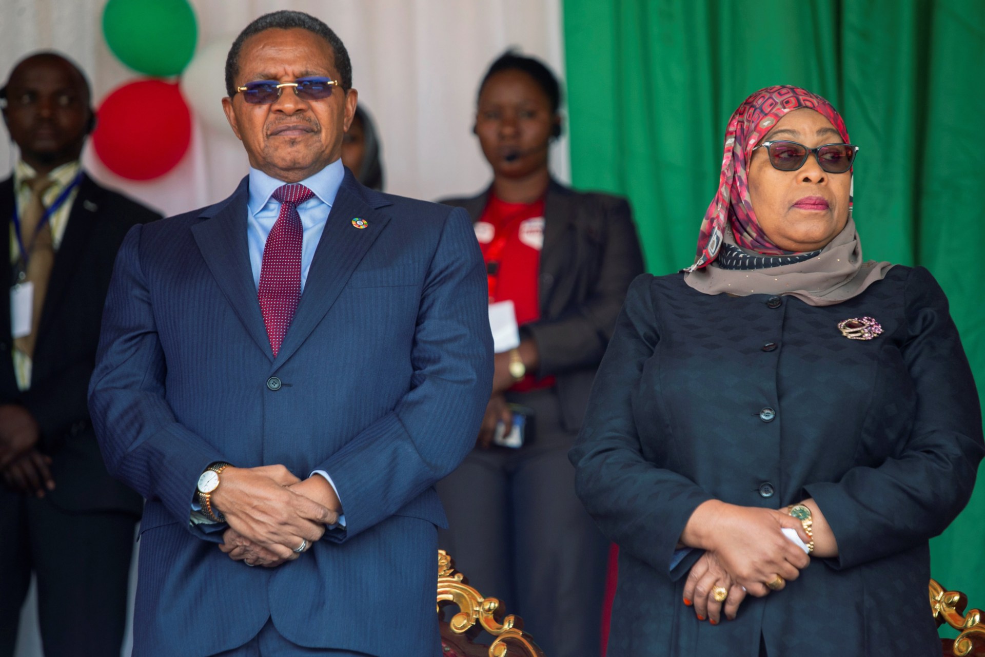 <p>Former Tanzanian President Jakaya Kikwete and Tanzania’s then-Vice President Samia Suluhu Hassan attend the inauguration ceremony of Burundi’s President elect Evariste Ndayishimiye at the Ingoma stadium in Gitega, Burundi June 18, 2020.</p>