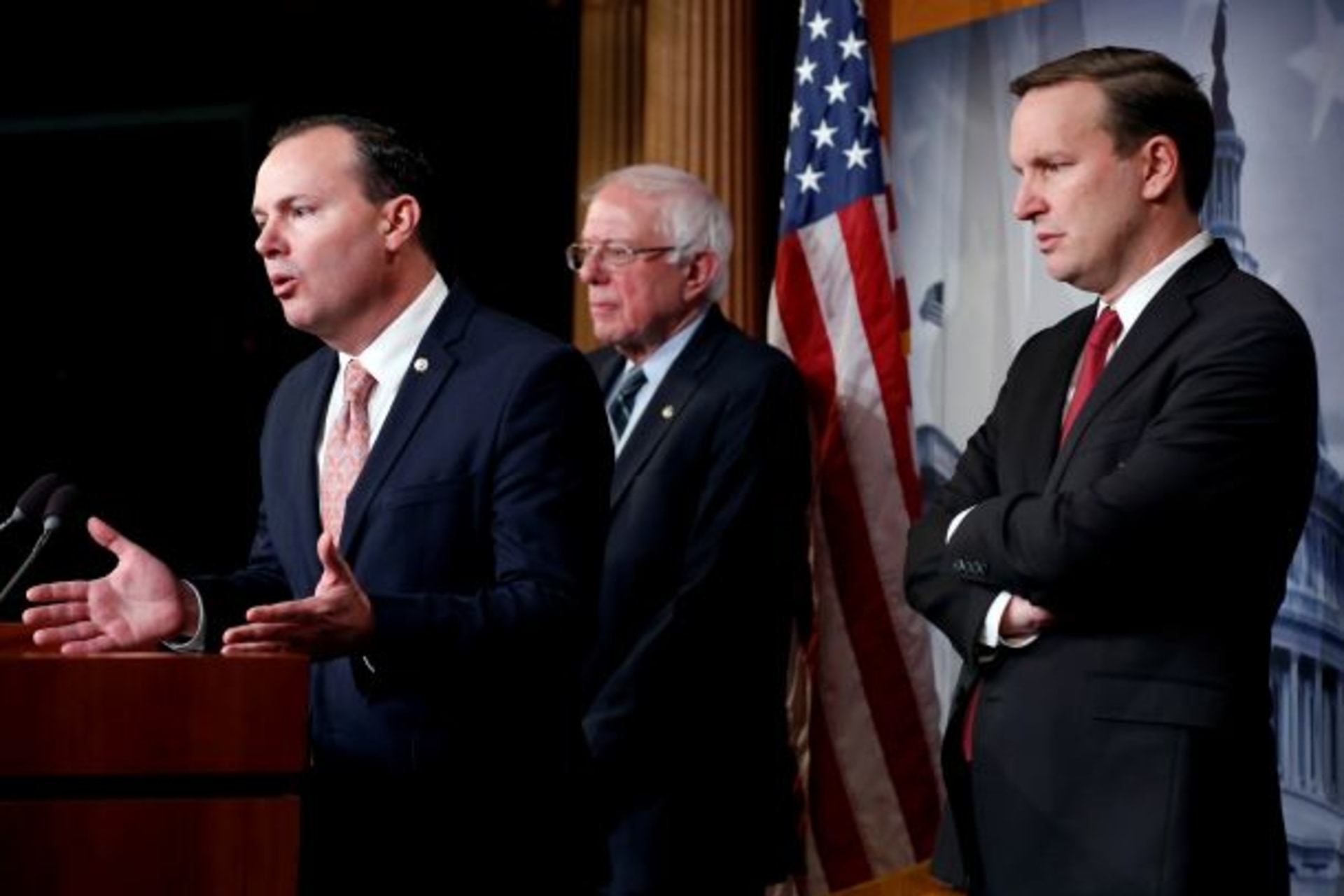 <p>Senators Mike Lee (R-UT), Bernie Sanders (I-VT) and Chris Murphy (D-CT) speak after the senate voted on a resolution ending U.S. military support for the war in Yemen on Capitol Hill in Washington, U.S., December 13, 2018.</p>