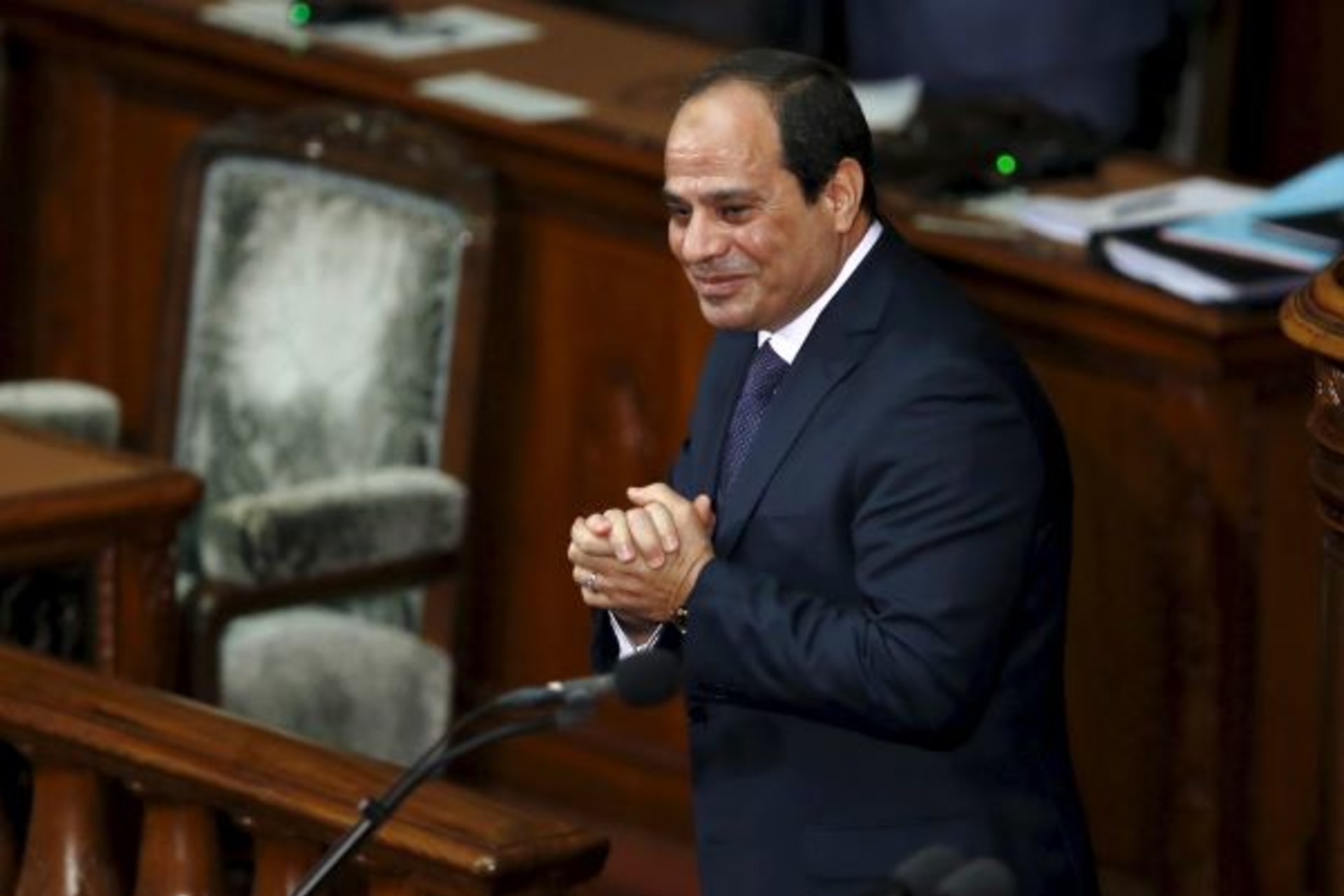 <p>Egypt’s President Abdel Fattah al-Sisi reacts after delivering a speech at the Lower House of parliament in Tokyo, Japan, February 29, 2016.</p>