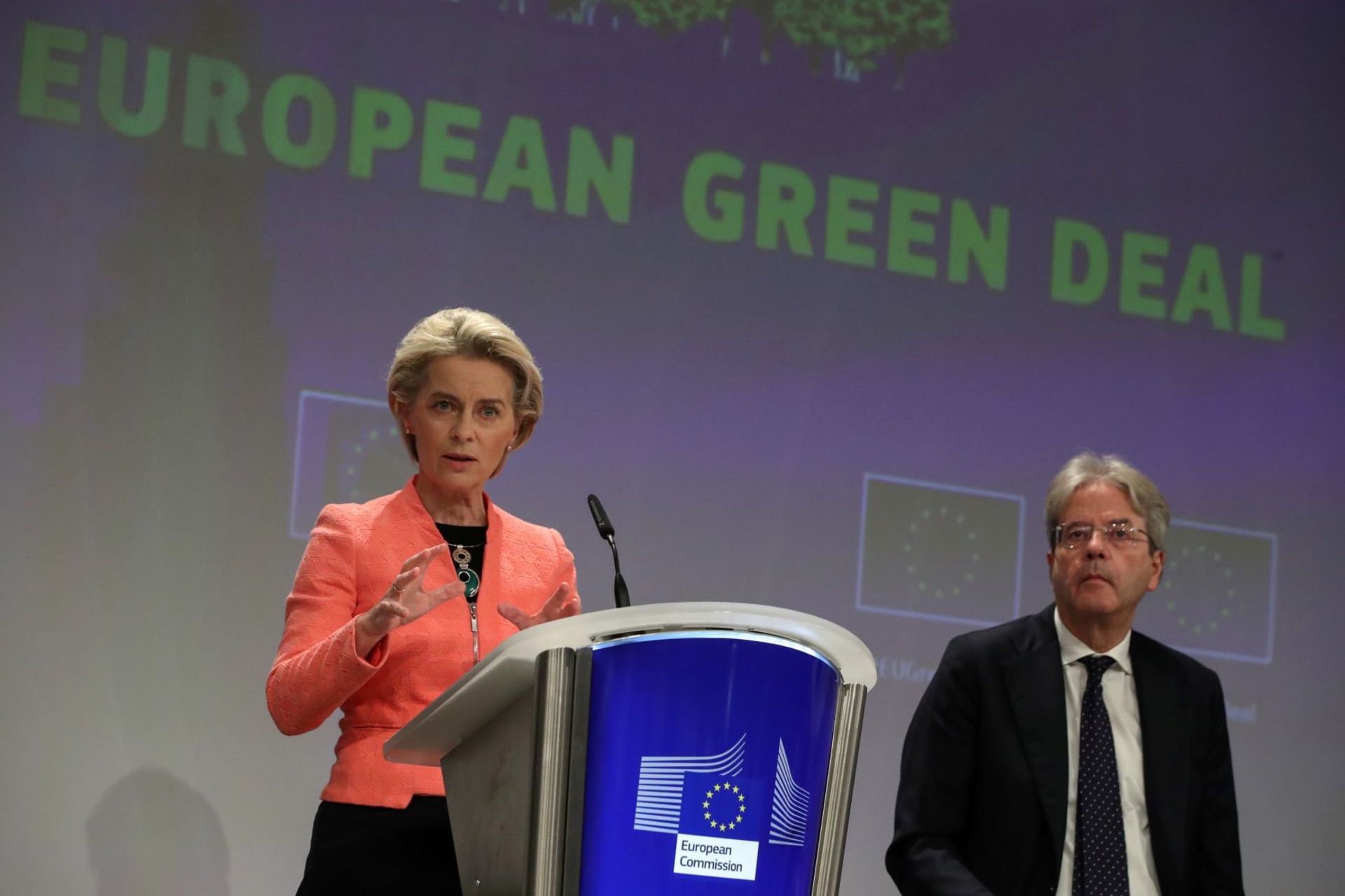 <p>European Commission President Ursula von der Leyen presents the EU’s new climate policy proposals as EU Commissioner Paolo Gentiloni sits next to her, in Brussels, Belgium on July 14, 2021. </p>
