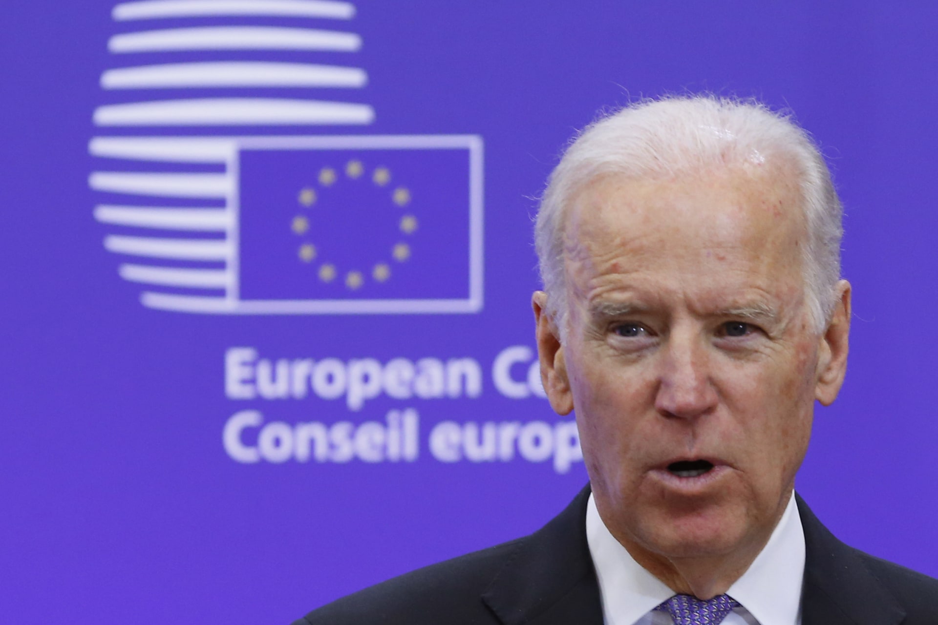<p>Then-U.S. Vice President Joe Biden makes a joint statement with European Council President Donald Tusk ahead of a meeting at EU Council headquarters in Brussels on February 6, 2015. </p>