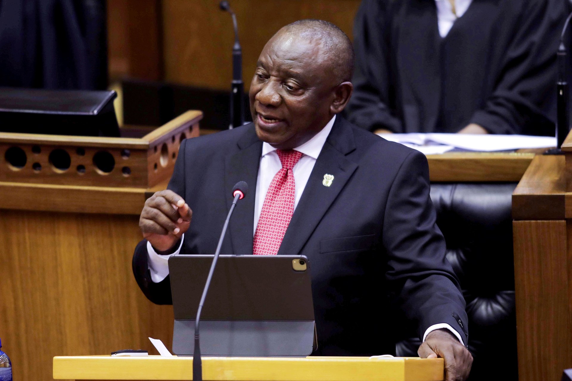 <p>President Cyril Ramaphosa delivers his State of the Nation address in parliament in Cape Town, South Africa, February 11, 2021.</p>