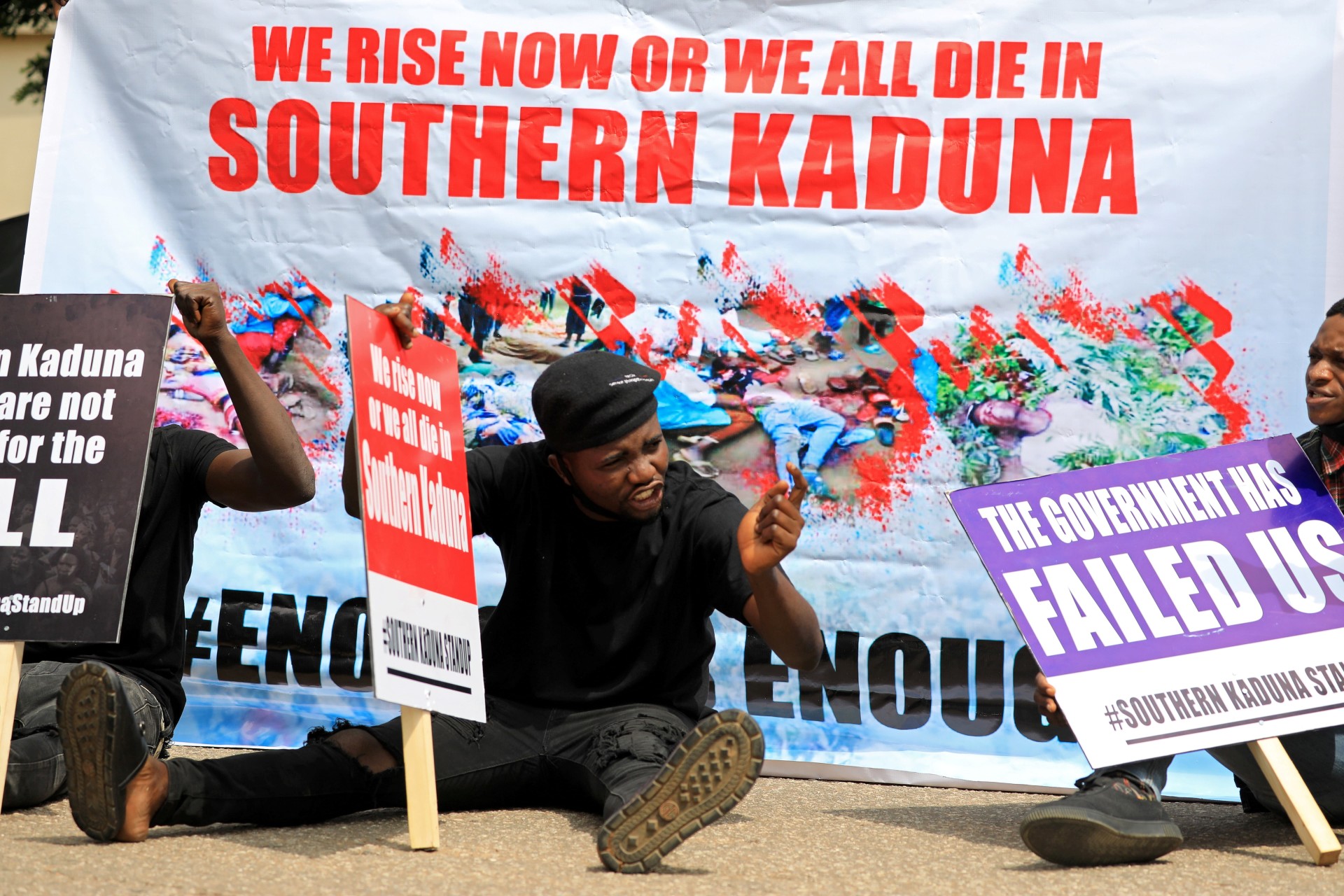 <p>People gather to protest the incessant killings in southern Kaduna and insecurities in Nigeria, at the U.S. embassy in Abuja, Nigeria on August 15, 2020.</p>
