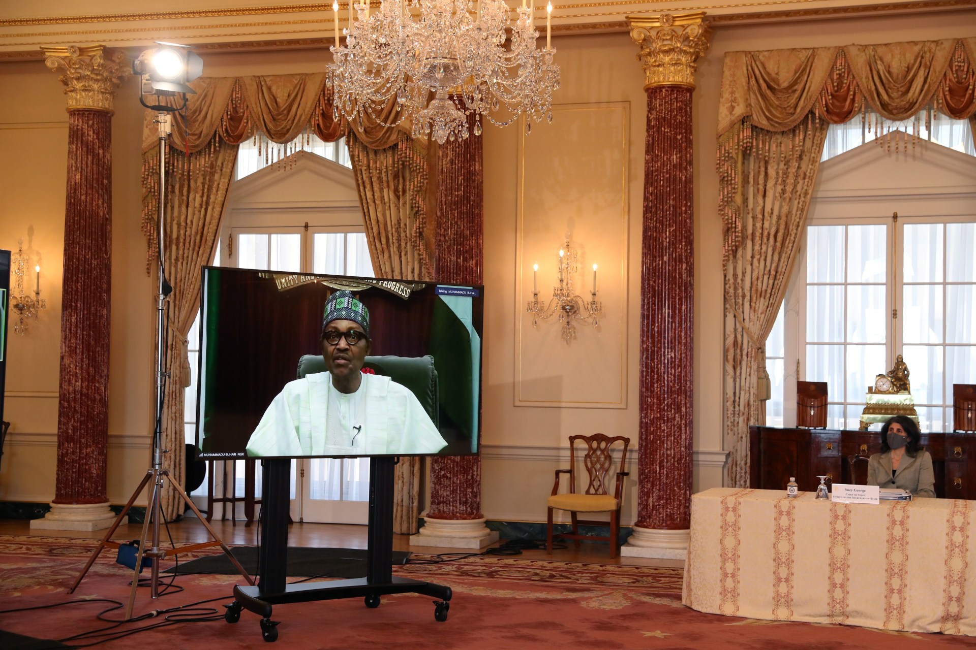 <p>Nigeria’s President Muhammadu Buhari is seen as he participates in a virtual bilateral meeting with U.S. Secretary of State Antony Blinken at the State Department in Washington, D.C., United States on April 27, 2021.</p>